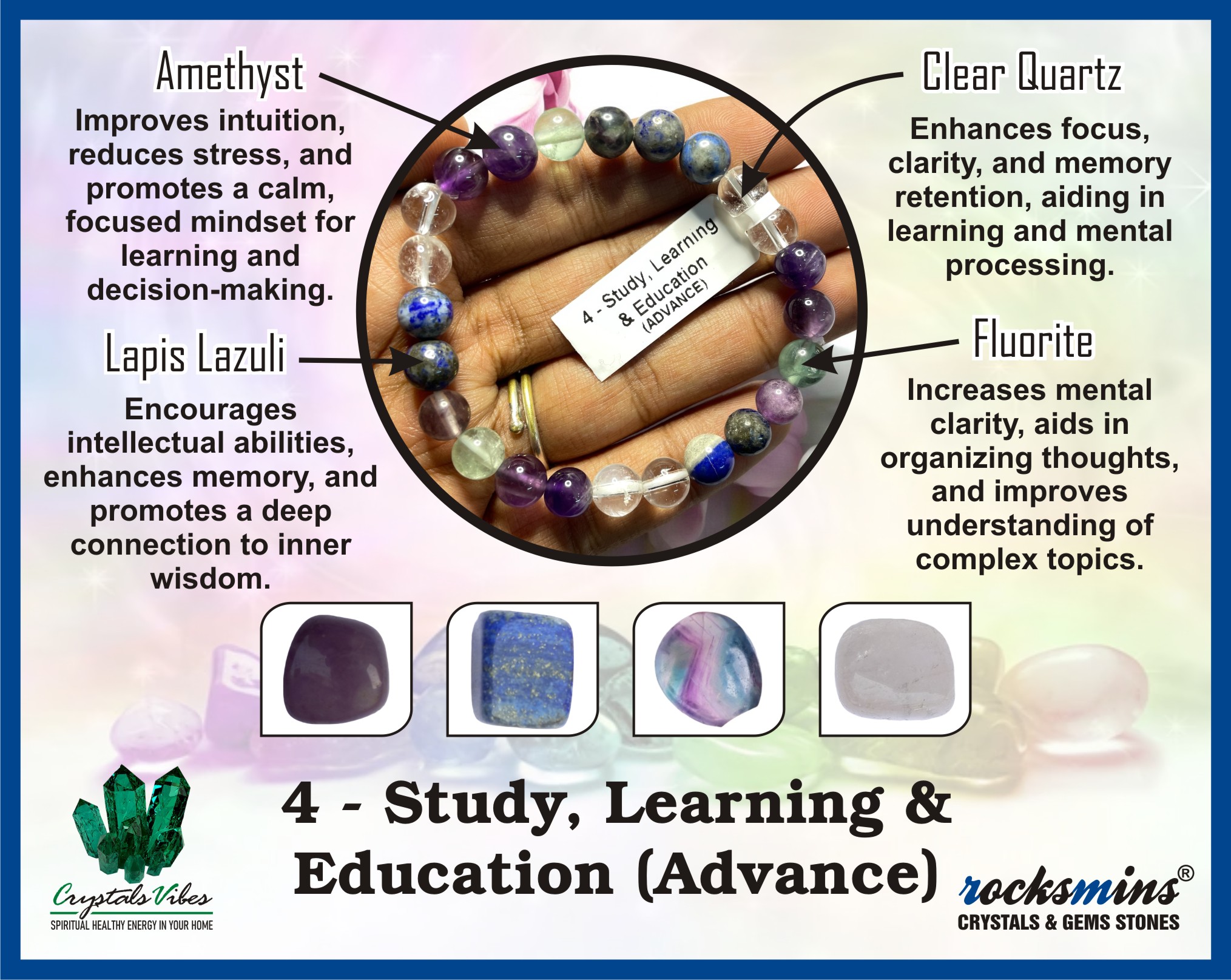 Study, Learning & Education (Advance) Remedies & Intentions Bracelet Natural Made With Original Crystal Stone for Men Women Boy Girl Unisex 8mm Beads Stretchable Brand :- Rocksmins