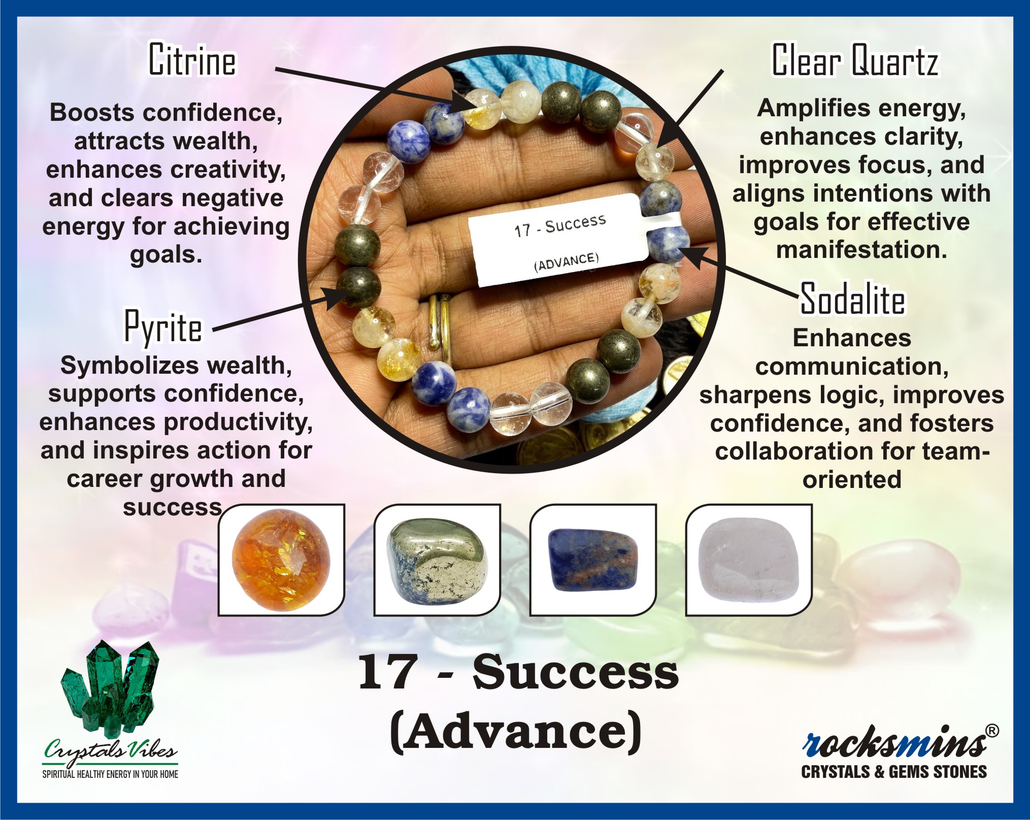 Success (Advance) Remedies & Intentions Bracelet Natural Made With Original Crystal Stone for Men Women Boy Girl Unisex 8mm Beads Stretchable Brand :- Rocksmins