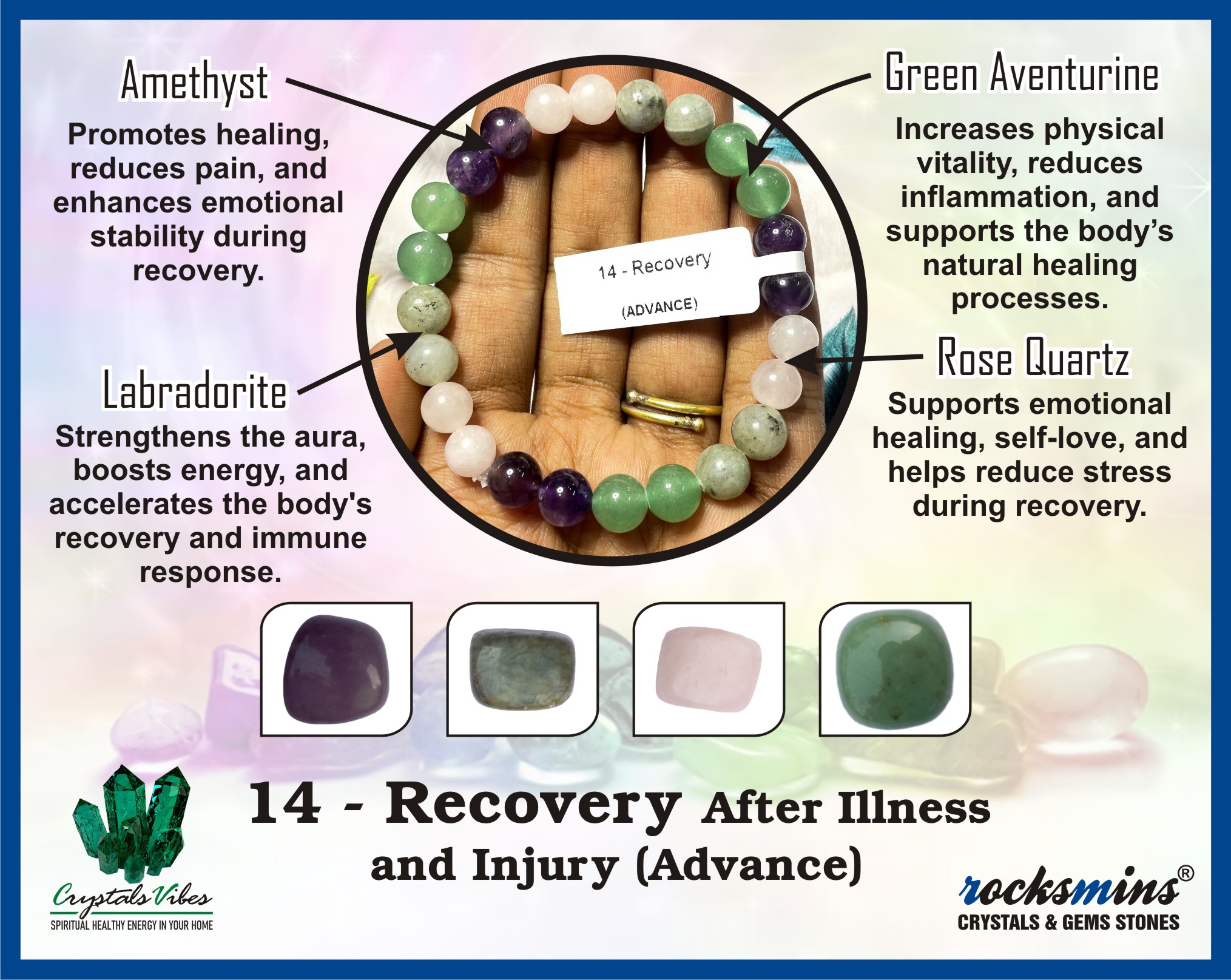 Recovery (Advance) Remedies & Intentions Bracelet Natural Made With Original Crystal Stone for Men Women Boy Girl Unisex 8mm Beads Stretchable Brand :- Rocksmins
