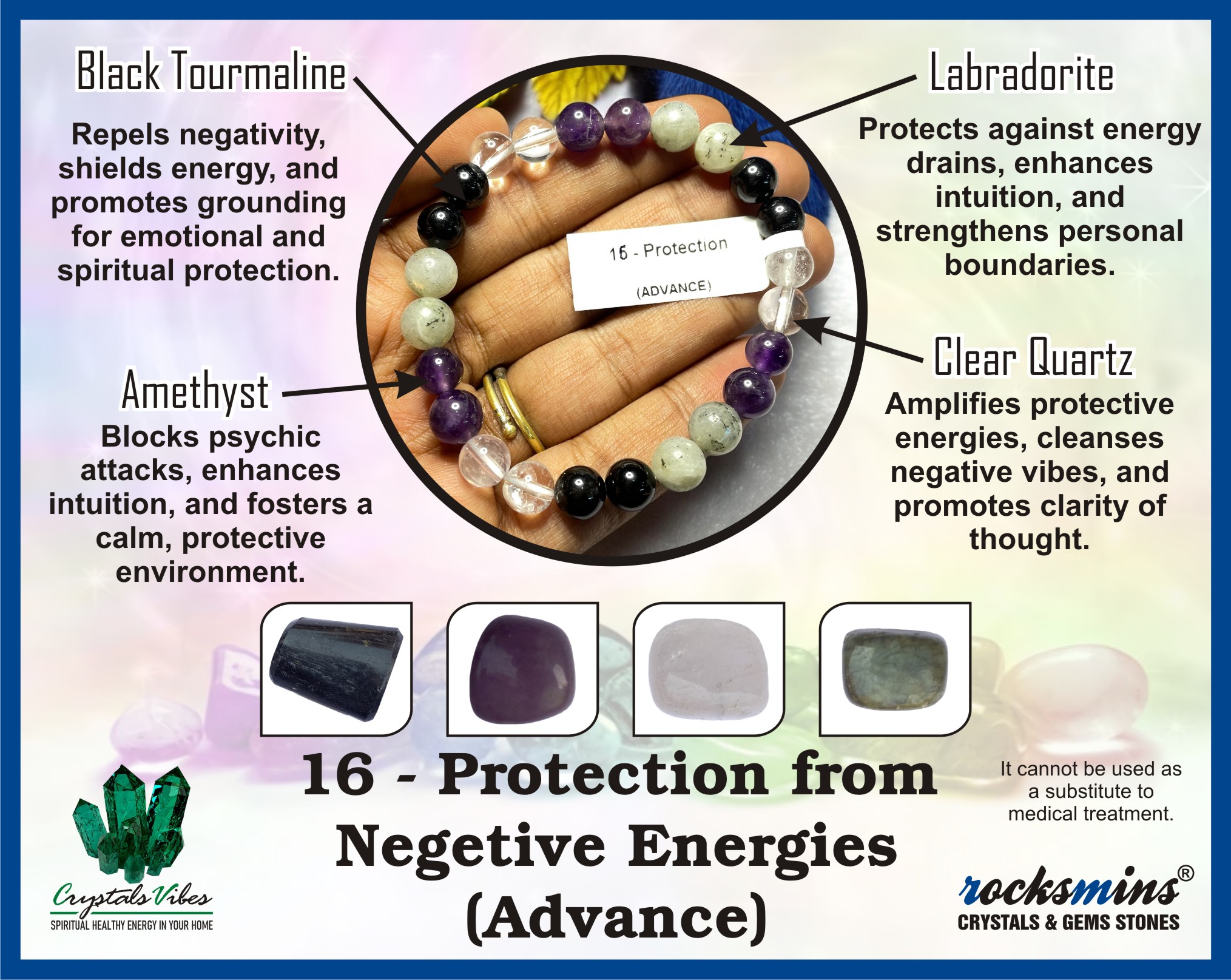 Protection (Advance) Remedies & Intentions Bracelet Natural Made With Original Crystal Stone for Men Women Boy Girl Unisex 8mm Beads Stretchable Brand :- Rocksmins