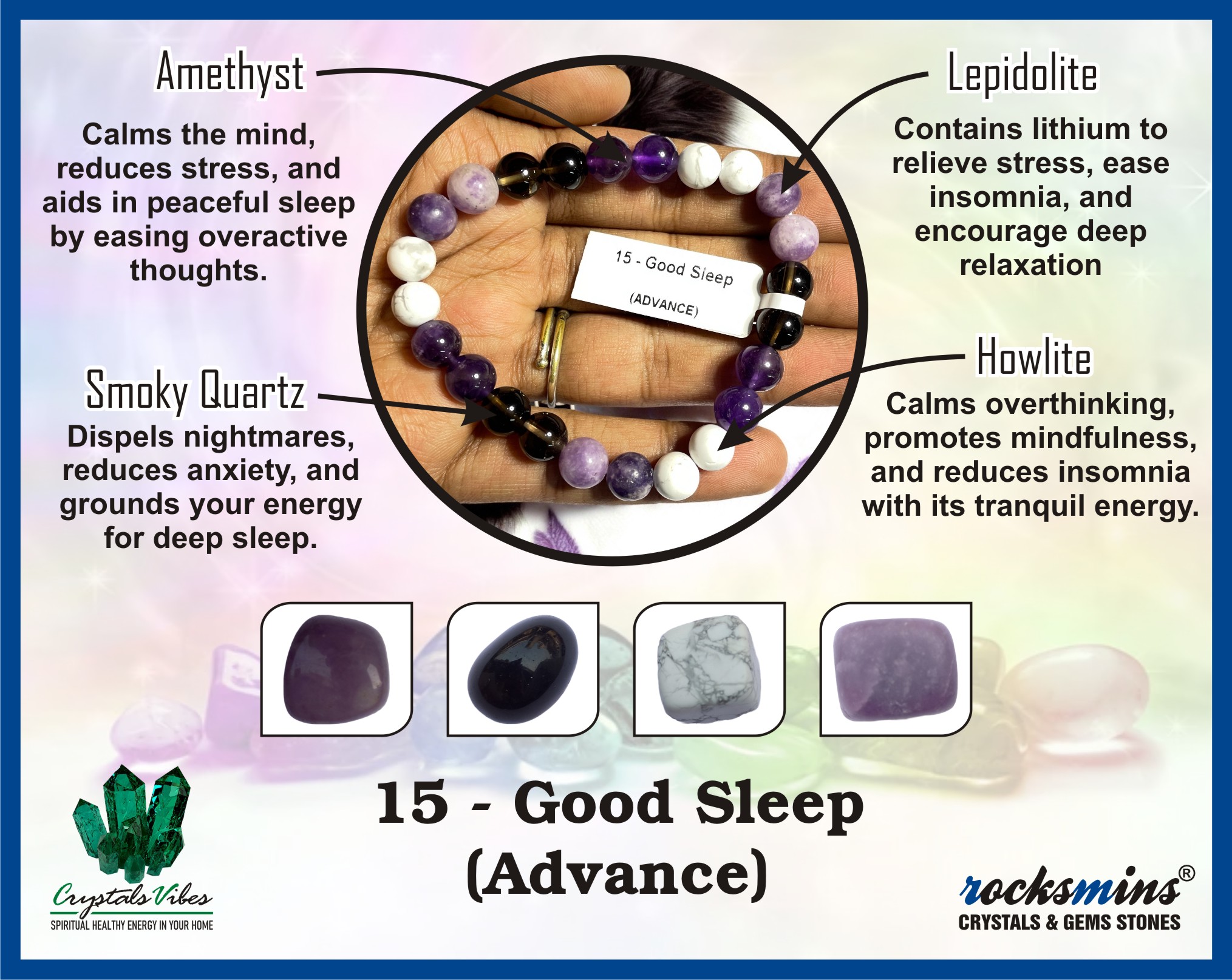 Good Sleep (Advance) Remedies & Intentions Bracelet Natural Made With Original Crystal Stone for Men Women Boy Girl Unisex 8mm Beads Stretchable Brand :- Rocksmins