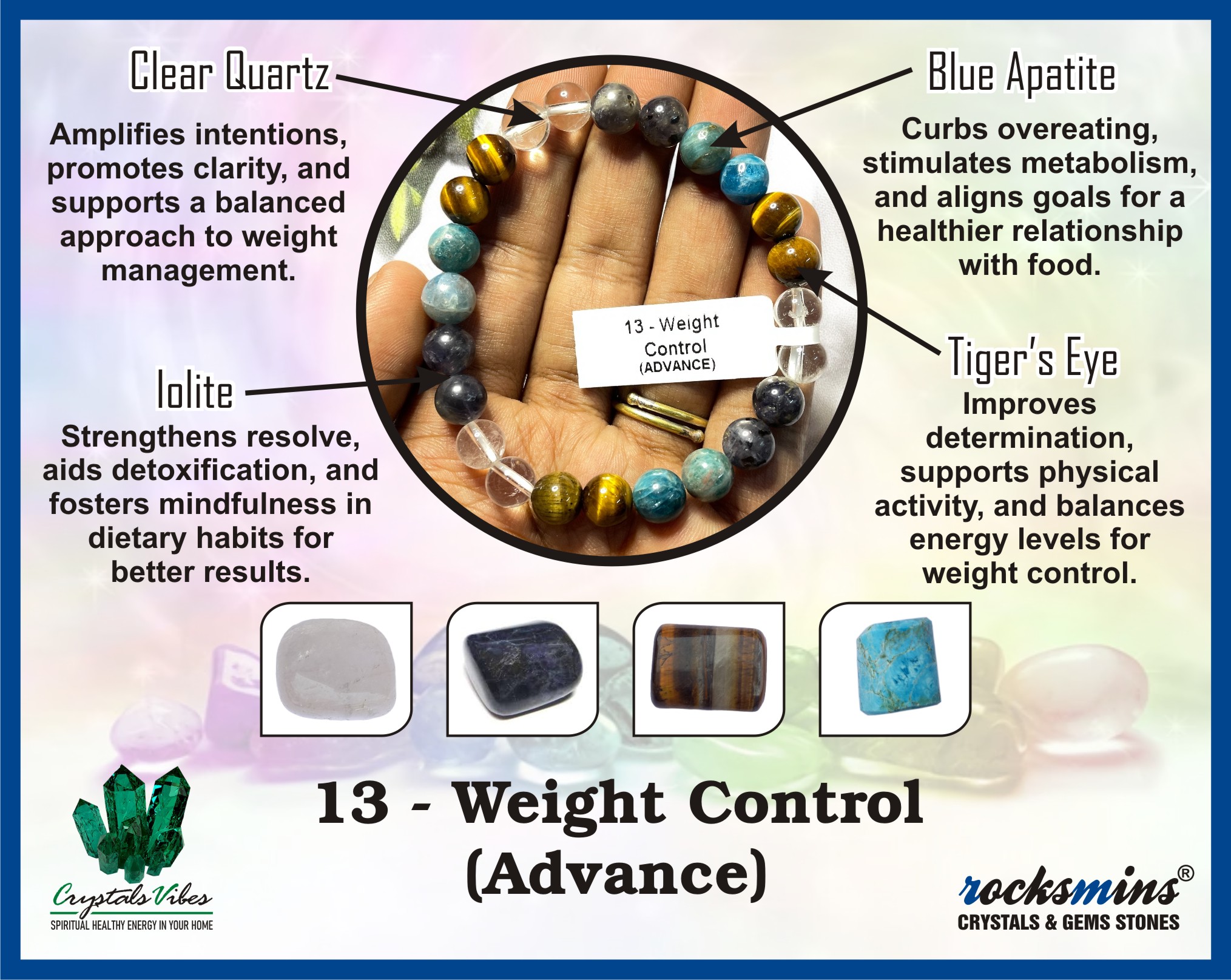 Weight Control (Advance) Remedies & Intentions Bracelet Natural Made With Original Crystal Stone for Men Women Boy Girl Unisex 8mm Beads Stretchable Brand :- Rocksmins