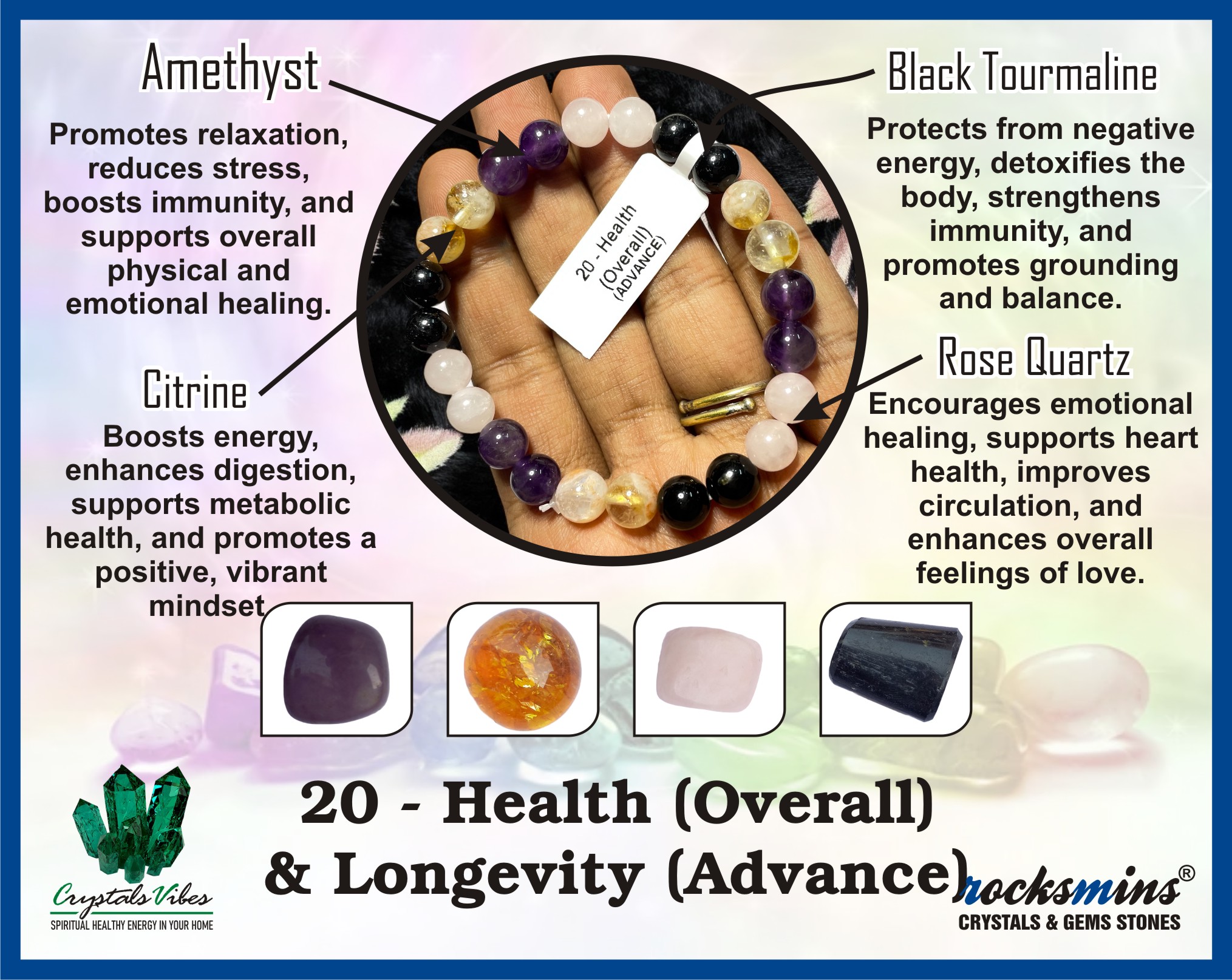 Health (Overall) & Longevity (Advance) Remedies & Intentions Bracelet Natural Made With Original Crystal Stone for Men Women Boy Girl Unisex 8mm Beads Stretchable Brand :- Rocksmins