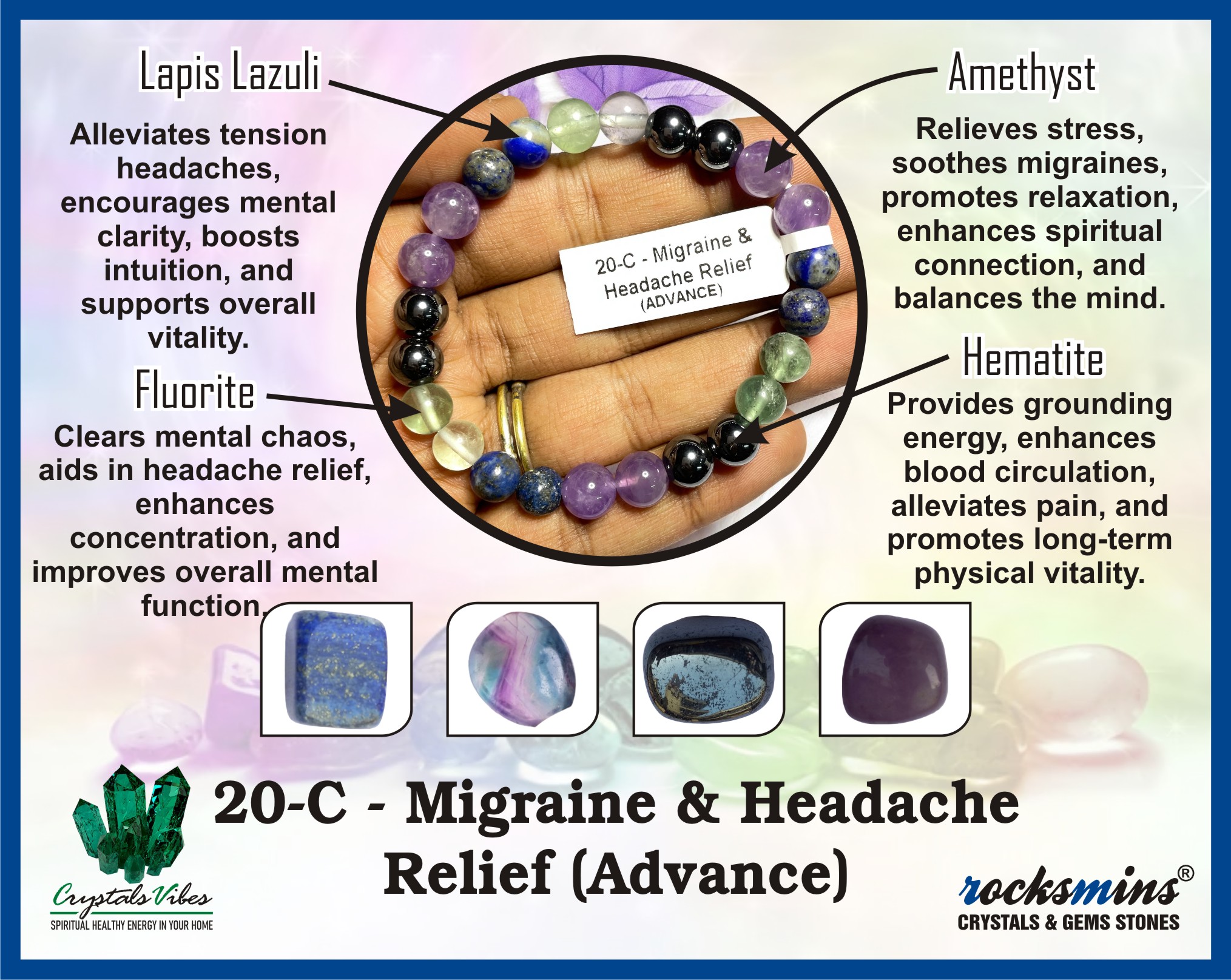 Migraine & Headache (Advance) Remedies & Intentions Bracelet Natural Made With Original Crystal Stone for Men Women Boy Girl Unisex 8mm Beads Stretchable Brand :- Rocksmins