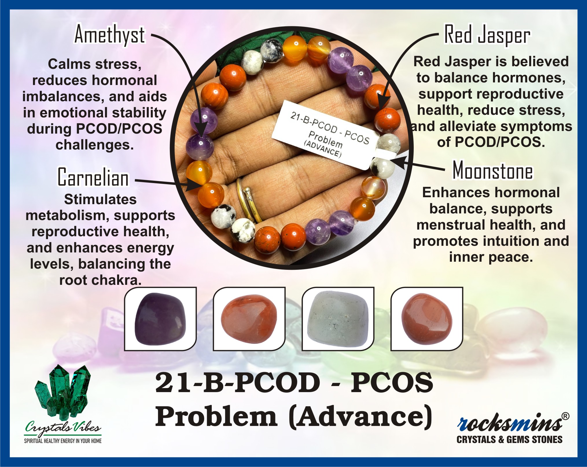 PCOD - PCOS Pregnancy (Advance) Remedies & Intentions Bracelet Natural Made With Original Crystal Stone for Men Women Boy Girl Unisex 8mm Beads Stretchable Brand :- Rocksmins