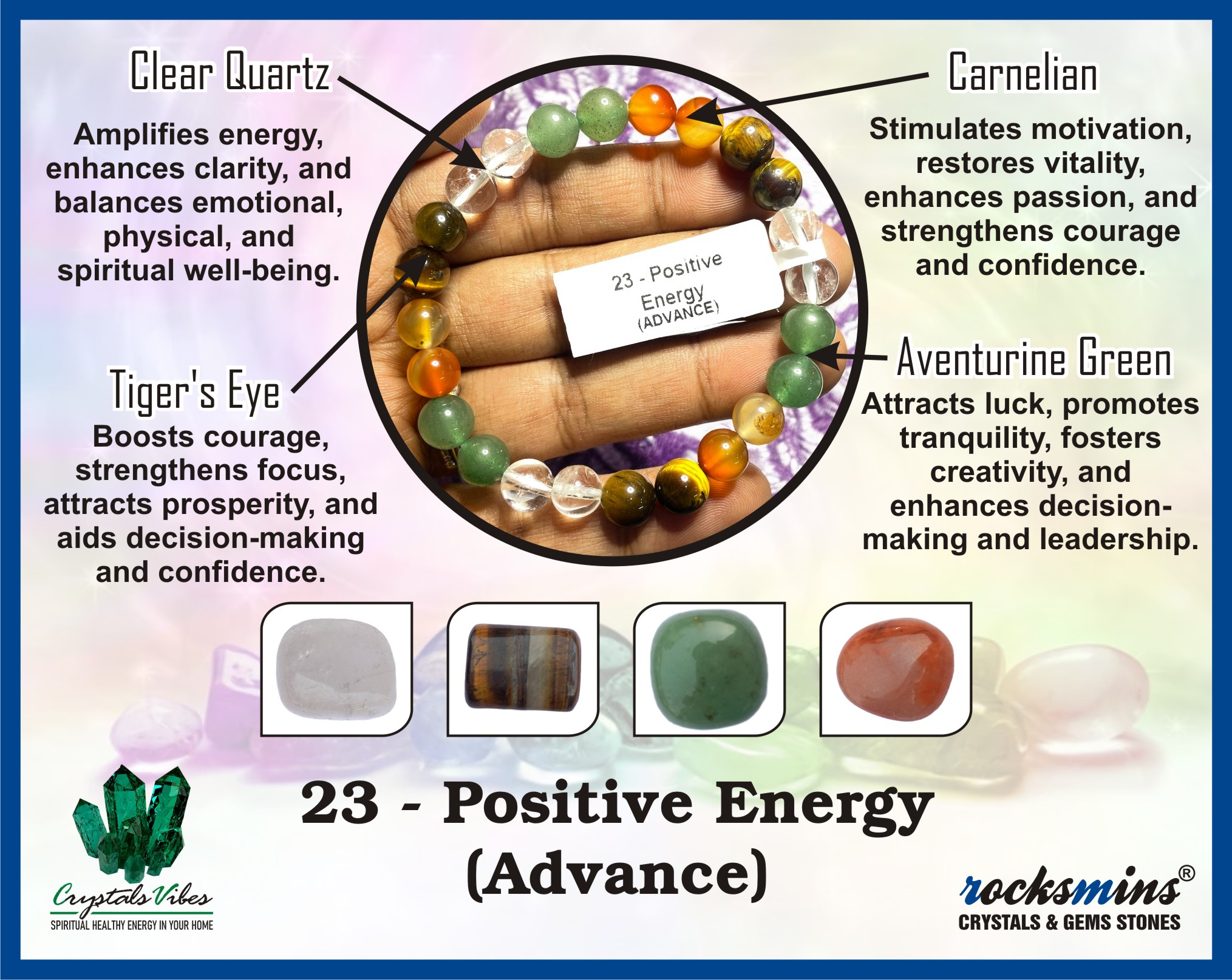 Positive Energy (Advance) Remedies & Intentions Bracelet Natural Made With Original Crystal Stone for Men Women Boy Girl Unisex 8mm Beads Stretchable Brand :- Rocksmins