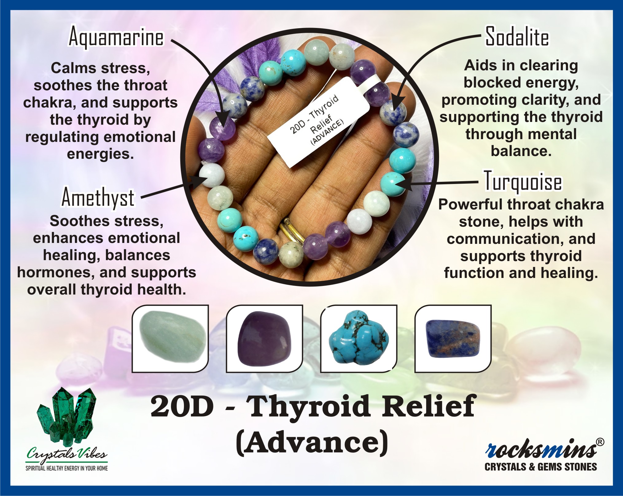 Thyroid (Advance) Remedies & Intentions Bracelet Natural Made With Original Crystal Stone for Men Women Boy Girl Unisex 8mm Beads Stretchable Brand :- Rocksmins