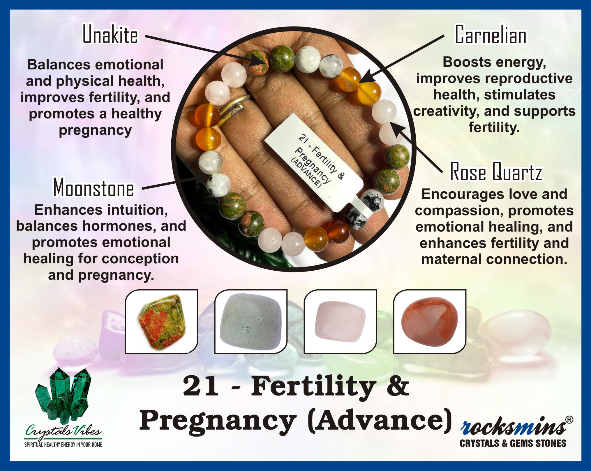 Fertility & Pregnancy (Advance) Remedies & Intentions Bracelet Natural Made With Original Crystal Stone for Men Women Boy Girl Unisex 8mm Beads Stretchable Brand :- Rocksmins