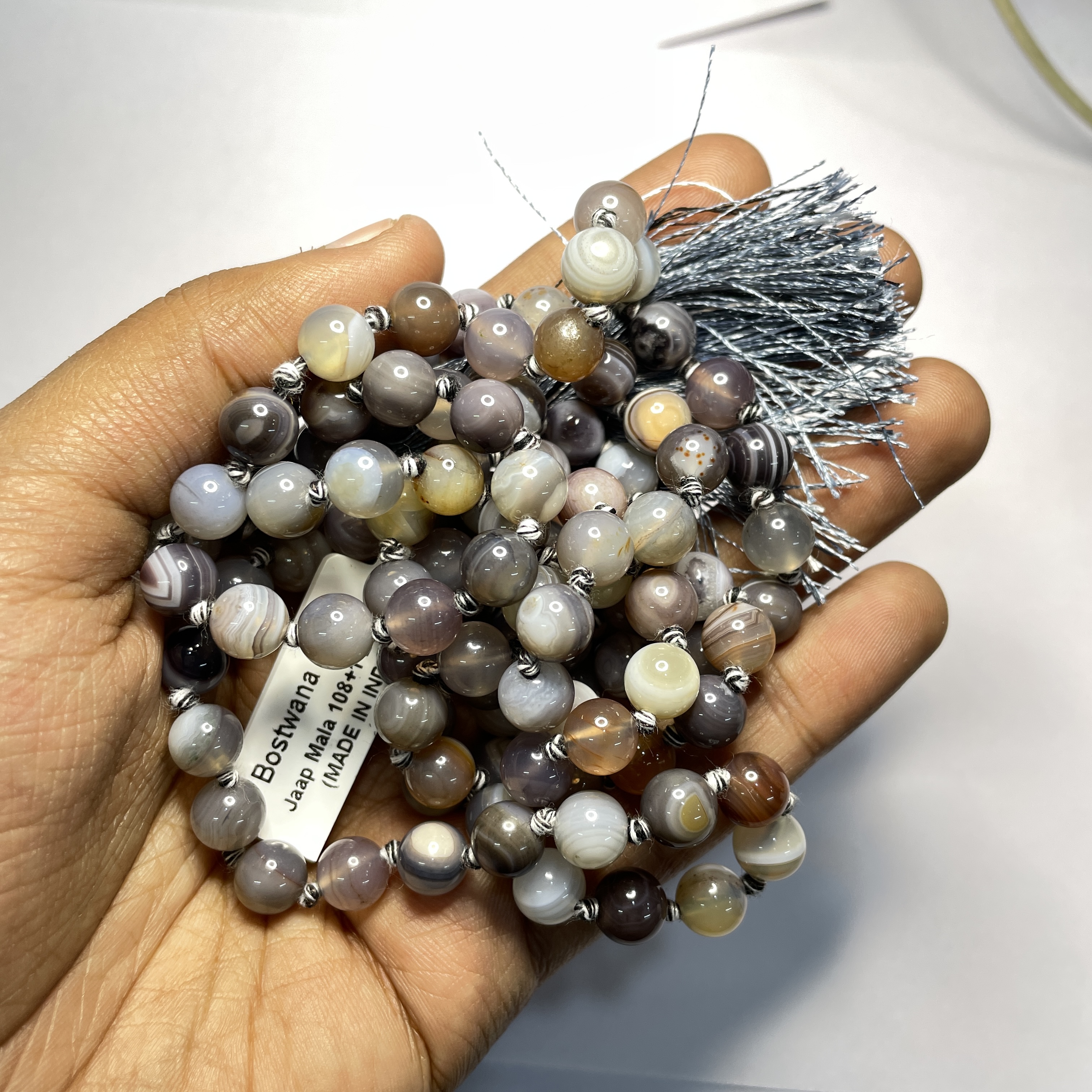 Botswana Agate Crystal Jaap Mala - 108+1 Beads 8 mm Beads for Pooja, Astrology for Wearing in Neck/Holding for Men Women Boys Girls