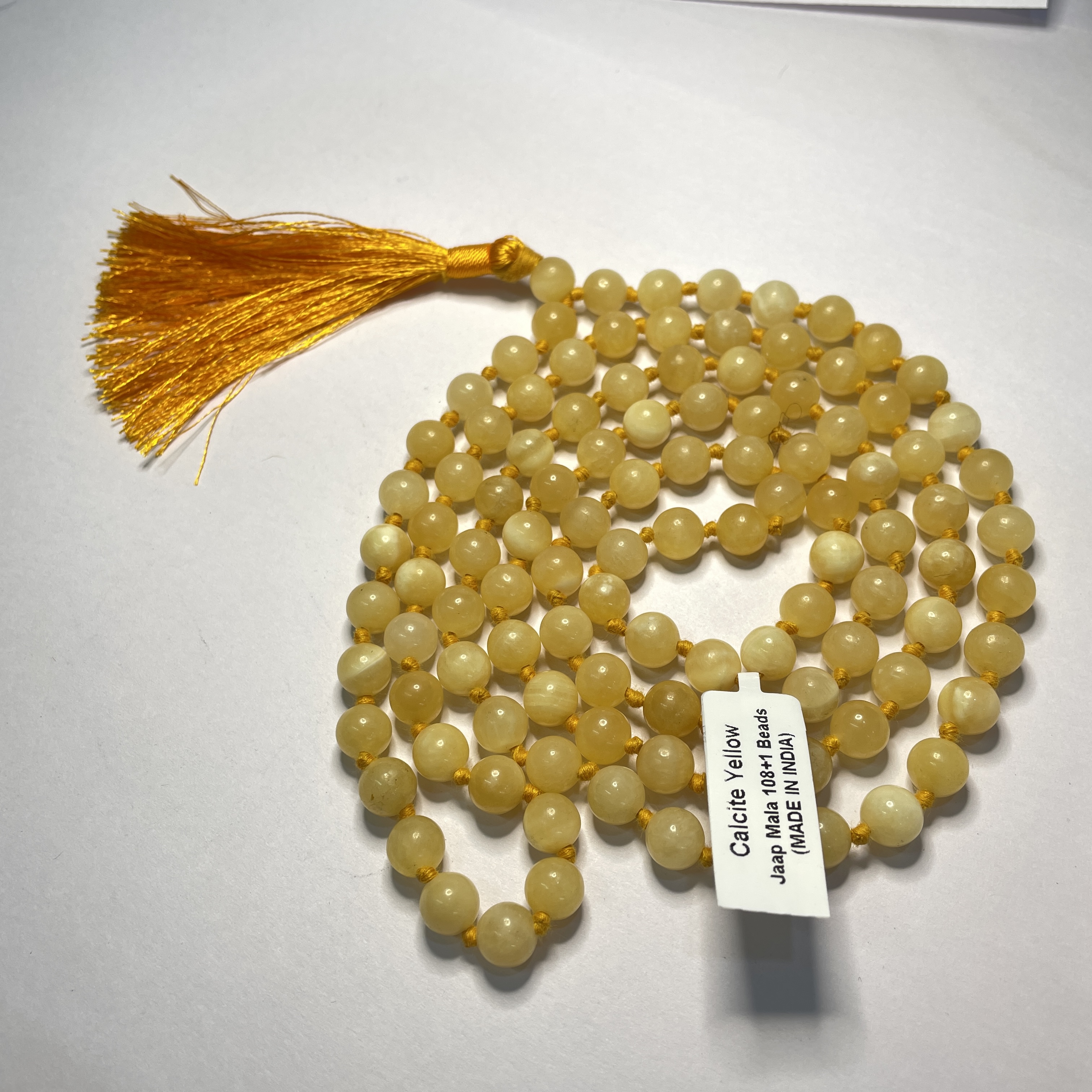 Yellow Calcite Crystal Jaap Mala - 108+1 Beads 8 mm Beads for Pooja, Astrology for Wearing in Neck/Holding for Men Women Boys Girls