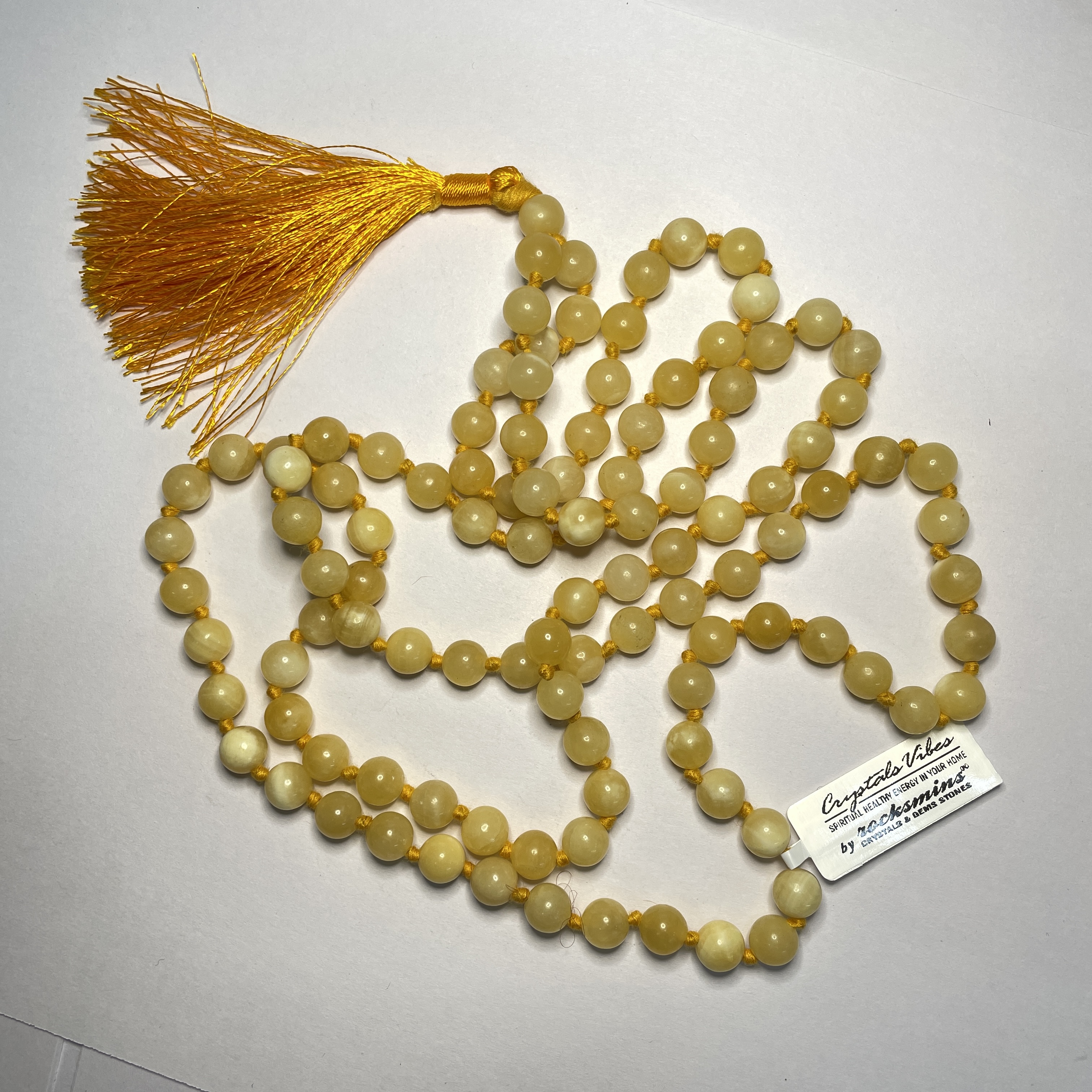 Yellow Calcite Crystal Jaap Mala - 108+1 Beads 8 mm Beads for Pooja, Astrology for Wearing in Neck/Holding for Men Women Boys Girls
