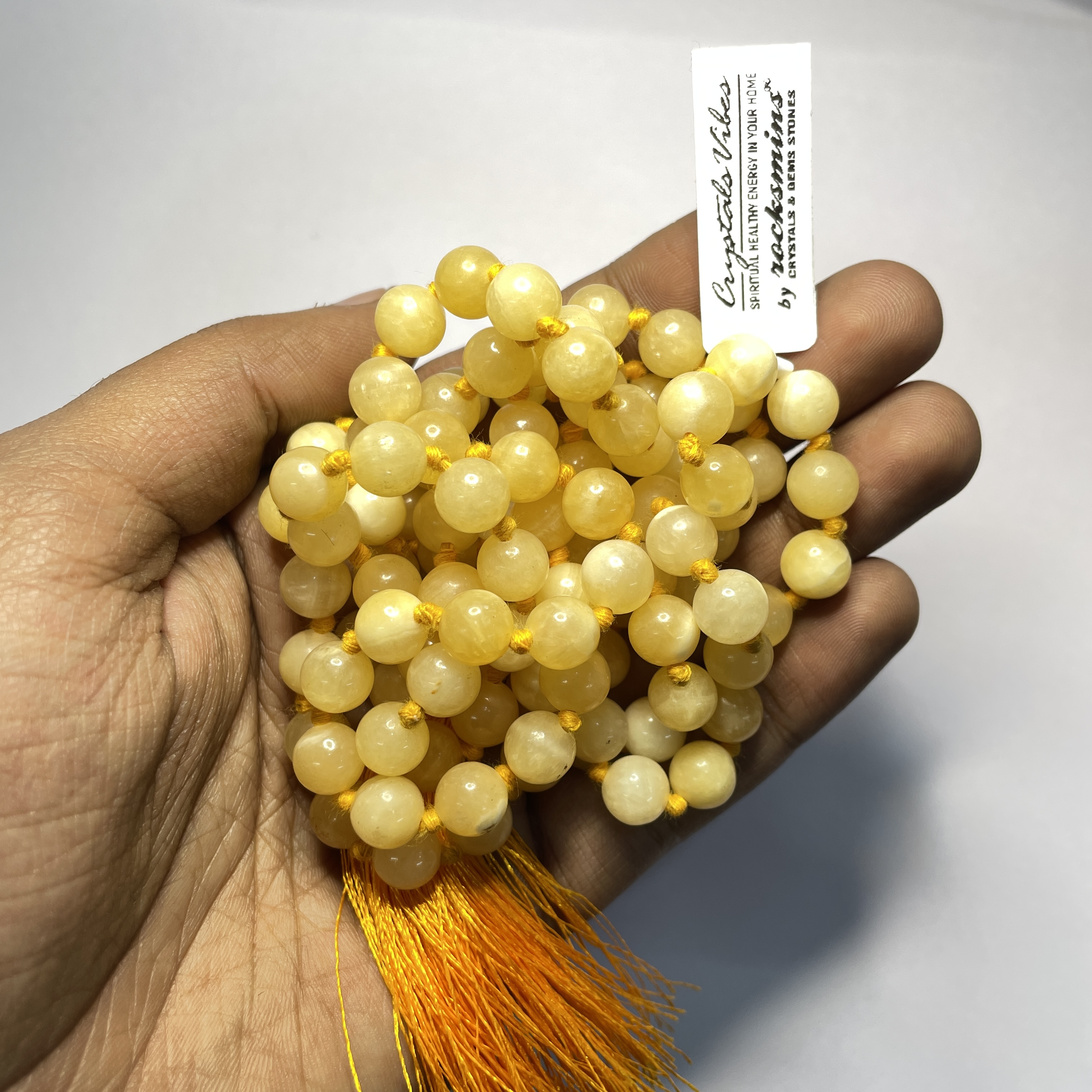 Yellow Calcite Crystal Jaap Mala - 108+1 Beads 8 mm Beads for Pooja, Astrology for Wearing in Neck/Holding for Men Women Boys Girls