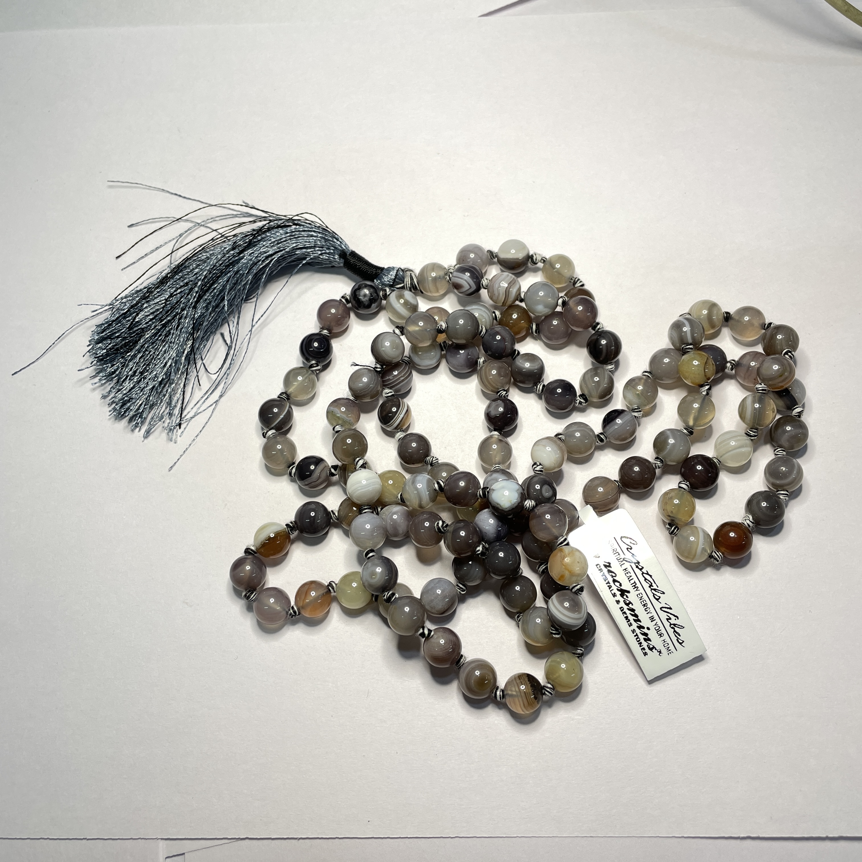 Botswana Agate Crystal Jaap Mala - 108+1 Beads 8 mm Beads for Pooja, Astrology for Wearing in Neck/Holding for Men Women Boys Girls