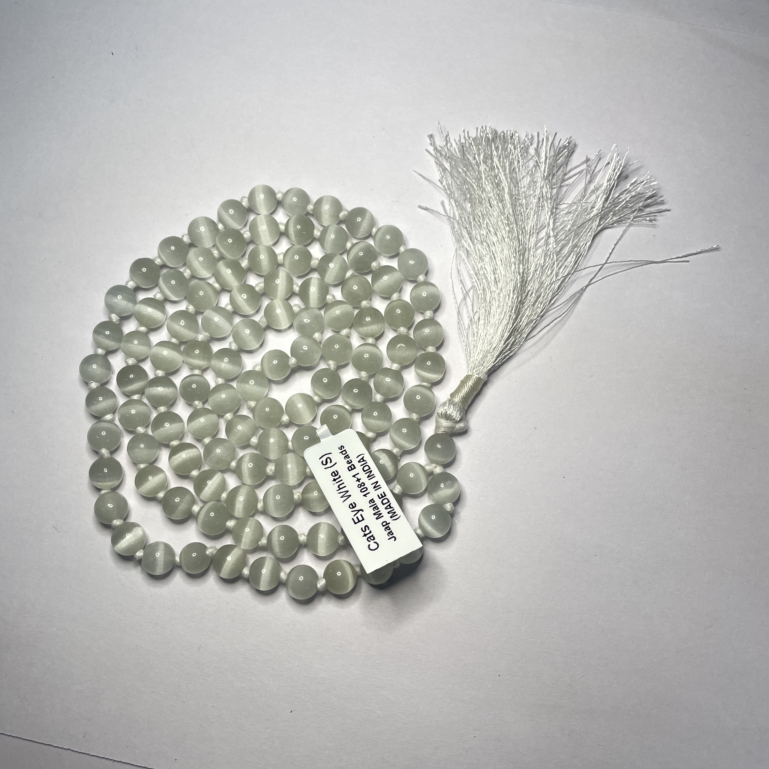 Cat's Eye White Crystal Jaap Mala - 108+1 Beads 8 mm Beads for Pooja, Astrology for Wearing in Neck/Holding for Men Women Boys Girls