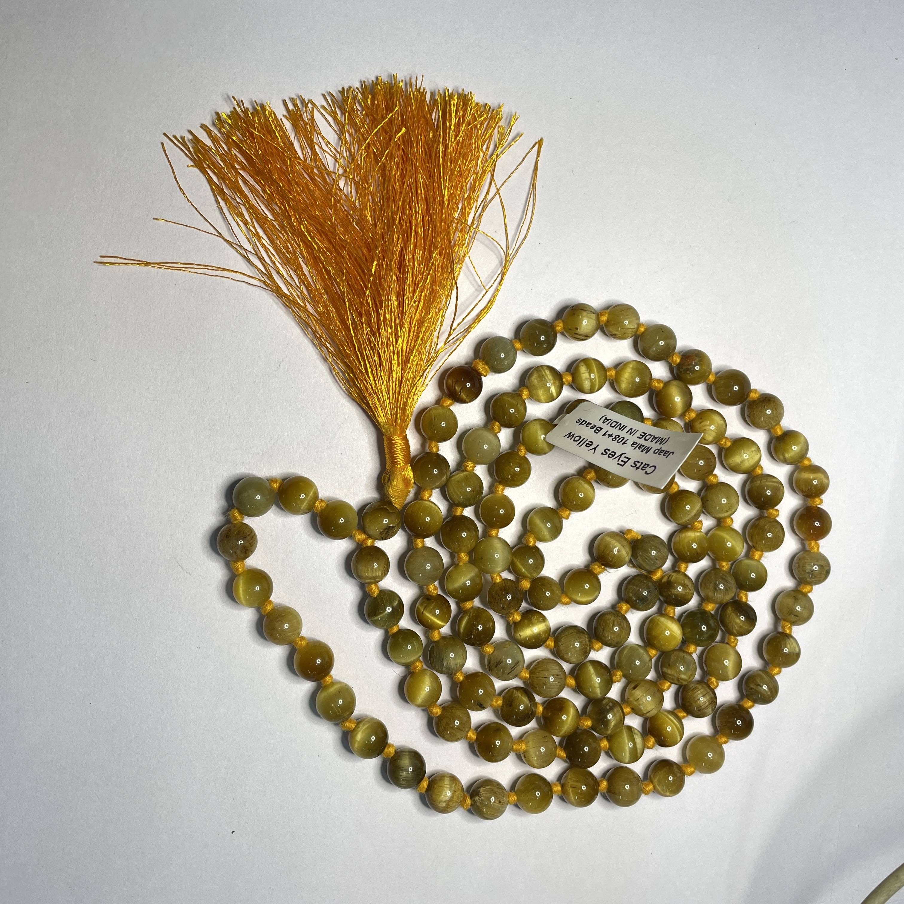 Cat's Eye Yellow Crystal Jaap Mala - 108+1 Beads 8 mm Beads for Pooja, Astrology for Wearing in Neck/Holding for Men Women Boys Girls