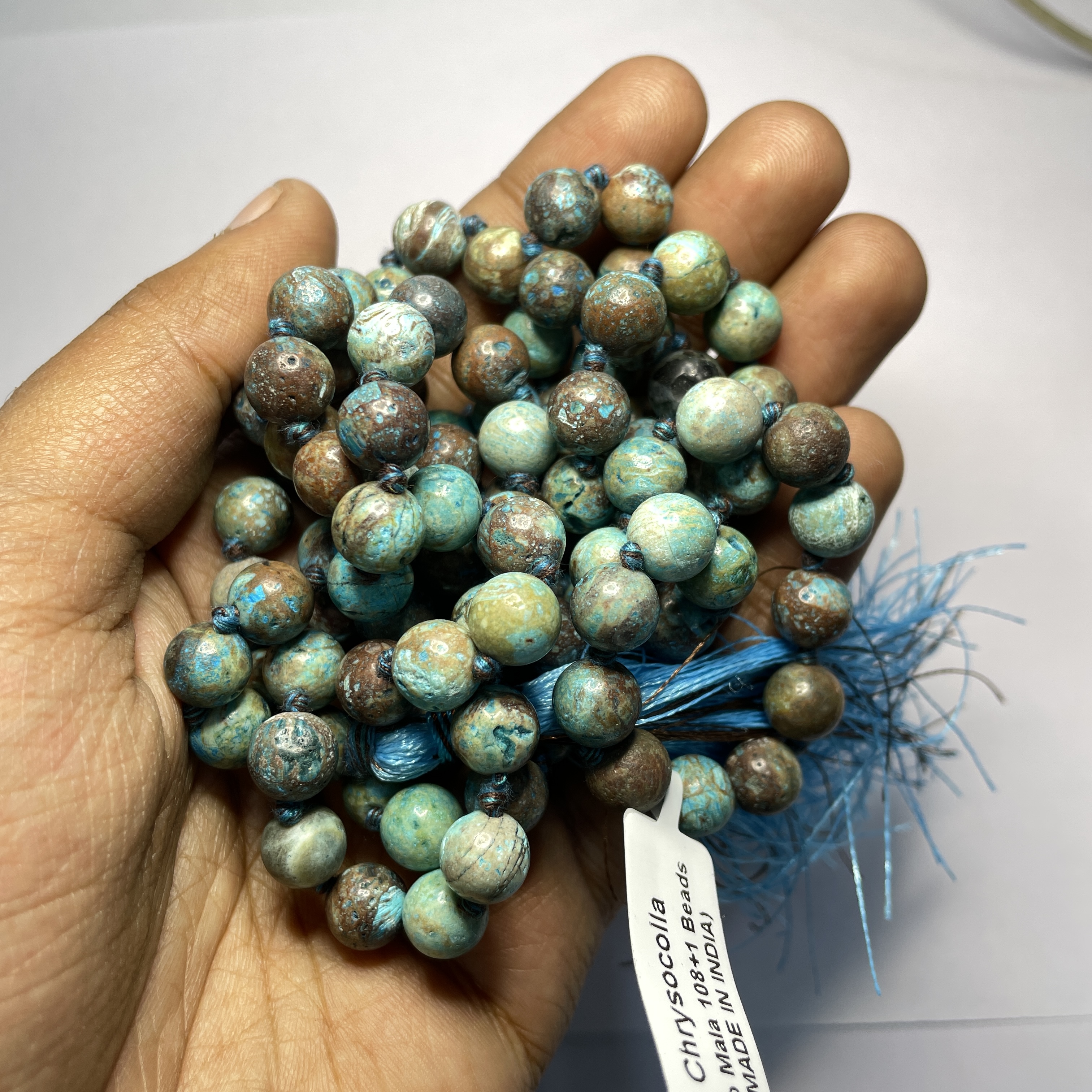 Chrysocolla Crystal Jaap Mala - 108+1 Beads 8 mm Beads for Pooja, Astrology for Wearing in Neck/Holding for Men Women Boys Girls