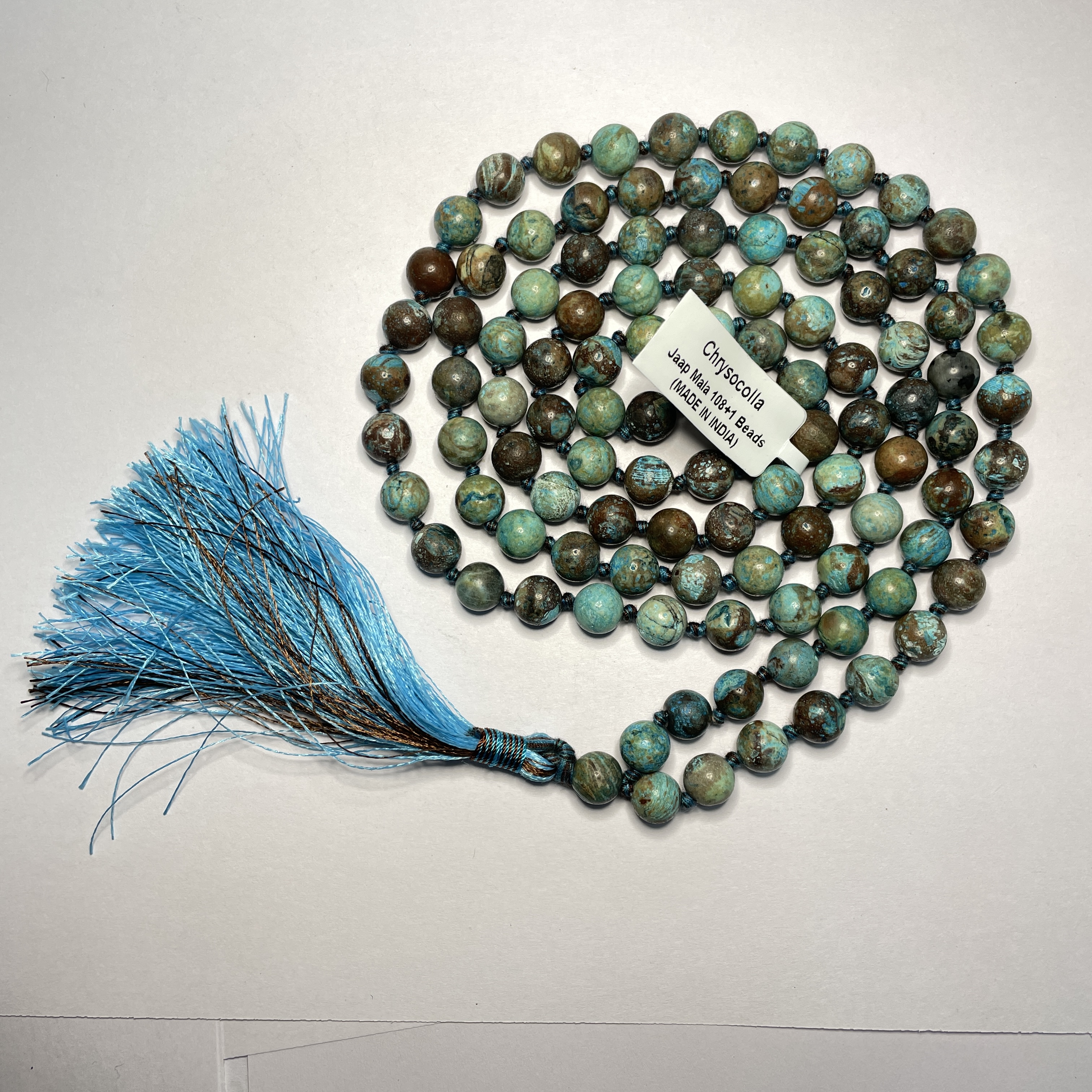 Chrysocolla Crystal Jaap Mala - 108+1 Beads 8 mm Beads for Pooja, Astrology for Wearing in Neck/Holding for Men Women Boys Girls