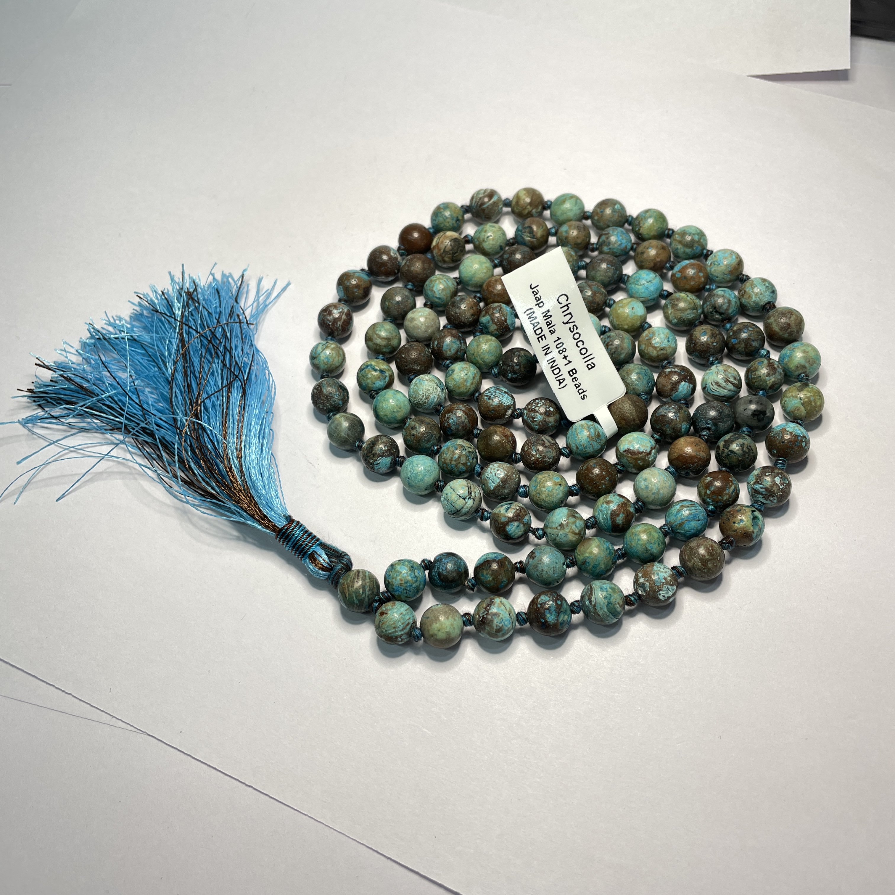 Chrysocolla Crystal Jaap Mala - 108+1 Beads 8 mm Beads for Pooja, Astrology for Wearing in Neck/Holding for Men Women Boys Girls