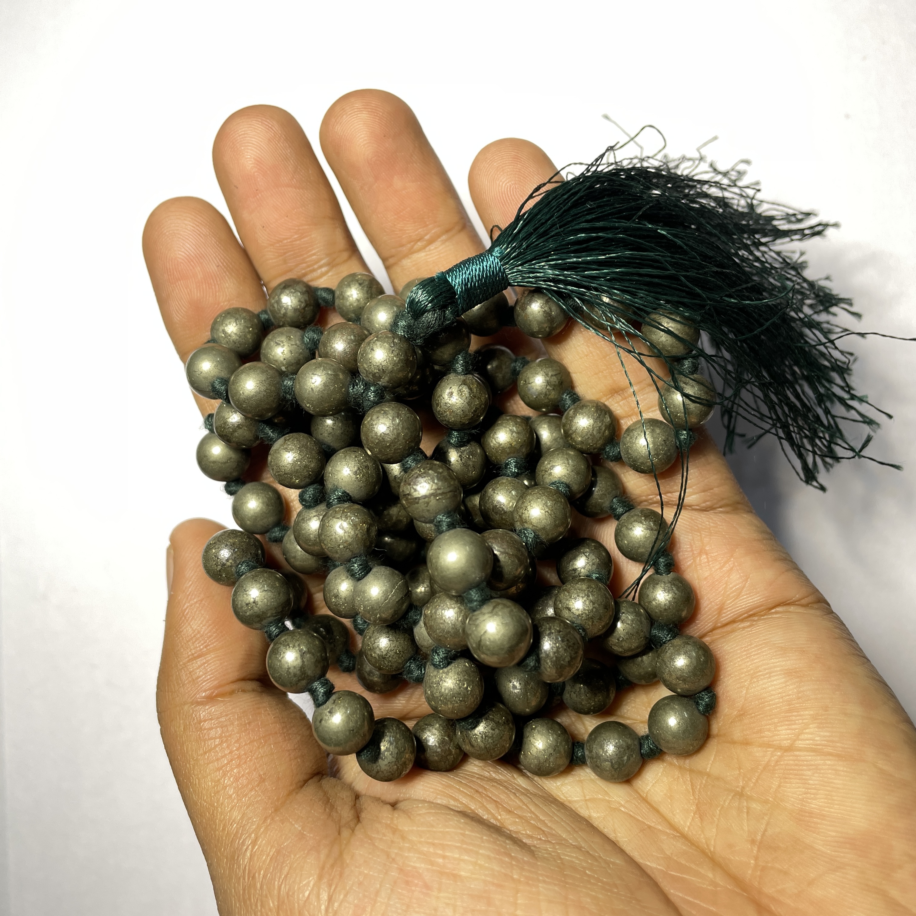 Pyrite Crystal Jaap Mala - 108+1 Beads 8 mm Beads for Pooja, Astrology for Wearing in Neck/Holding for Men Women Boys Girls