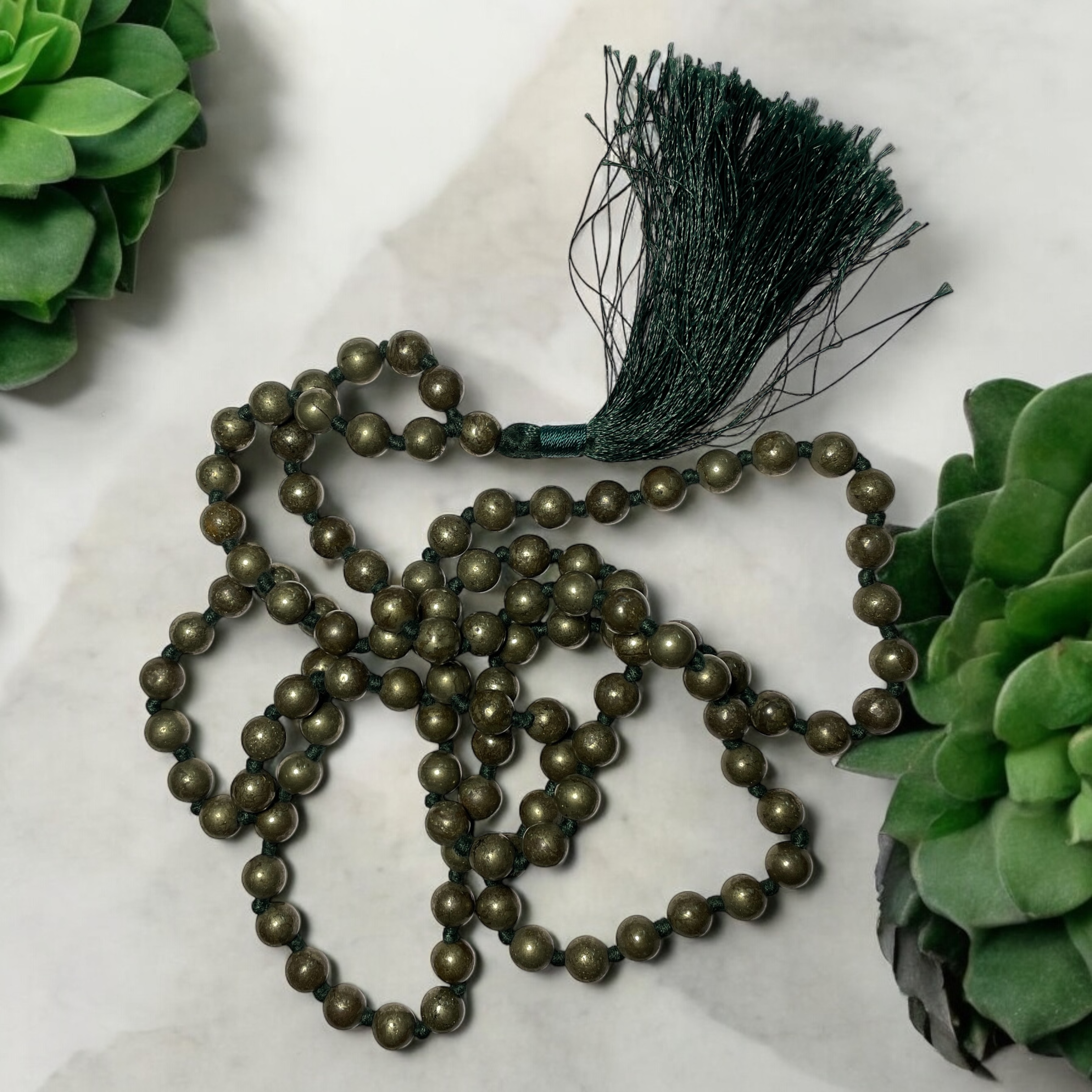 Pyrite Crystal Jaap Mala - 108+1 Beads 8 mm Beads for Pooja, Astrology for Wearing in Neck/Holding for Men Women Boys Girls