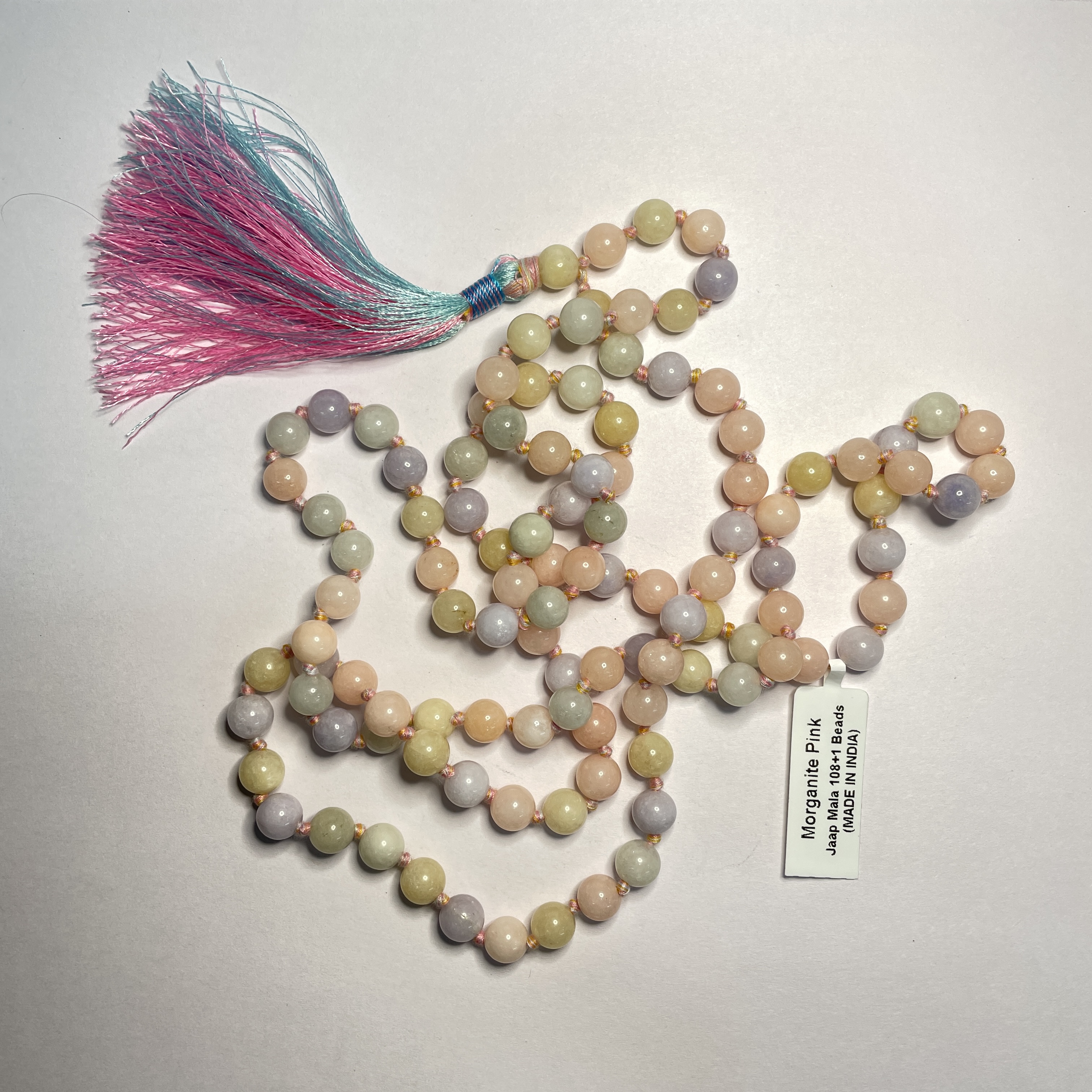 Morganite Pink White Crystal Jaap Mala - 108+1 Beads 8 mm Beads for Pooja, Astrology for Wearing in Neck/Holding for Men Women Boys Girls