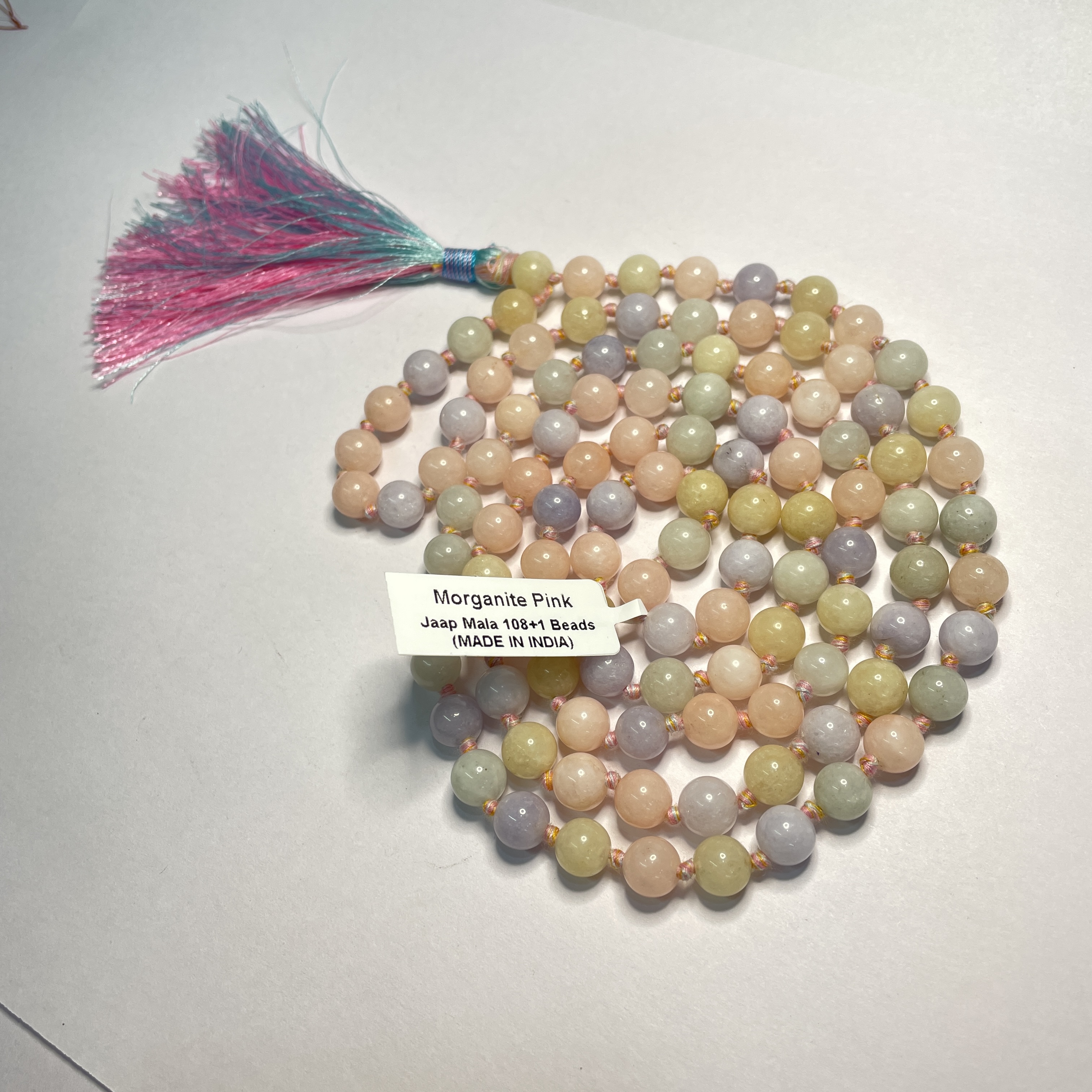 Morganite Pink White Crystal Jaap Mala - 108+1 Beads 8 mm Beads for Pooja, Astrology for Wearing in Neck/Holding for Men Women Boys Girls