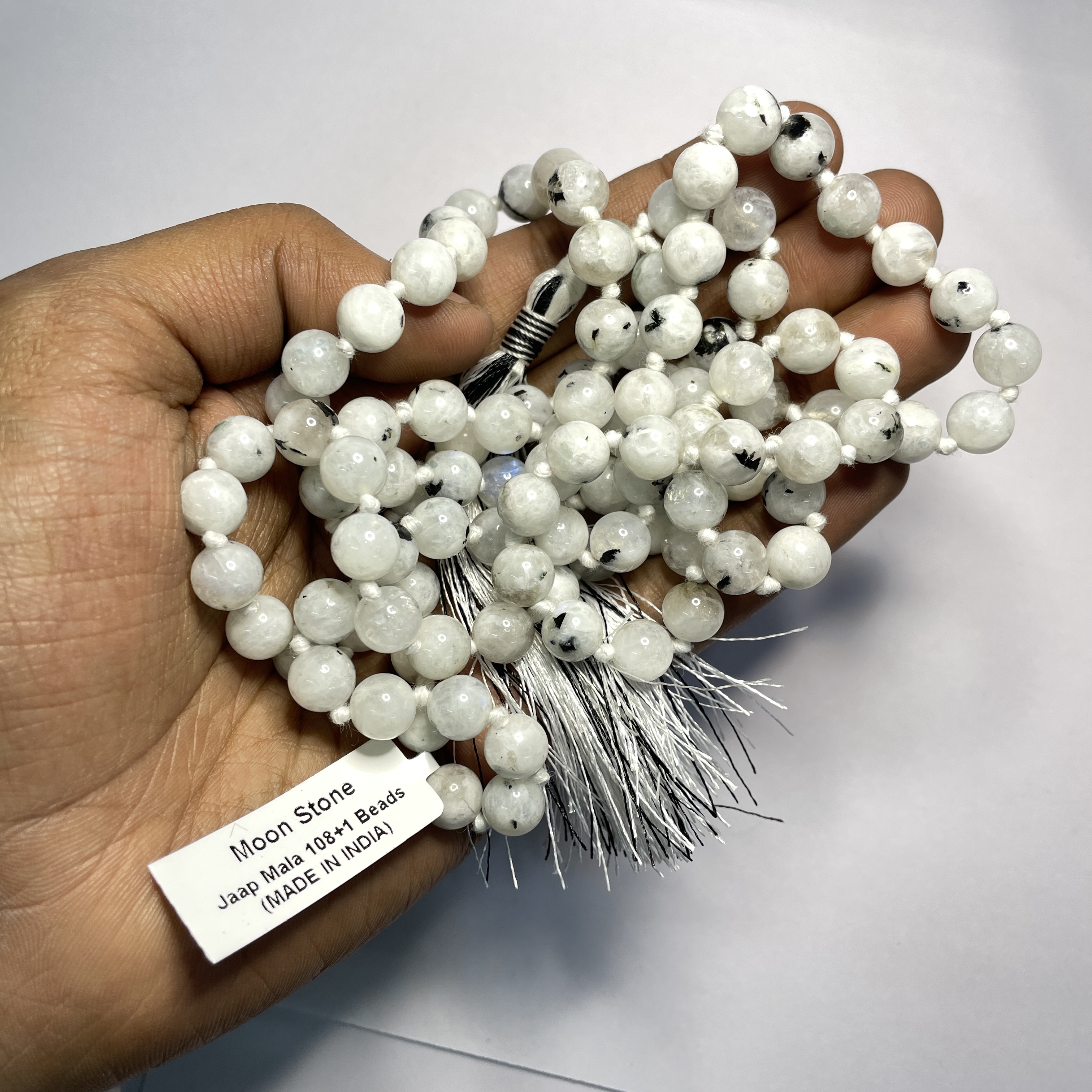 Moonstone Crystal Jaap Mala - 108+1 Beads 8 mm Beads for Pooja, Astrology for Wearing in Neck/Holding for Men Women Boys Girls