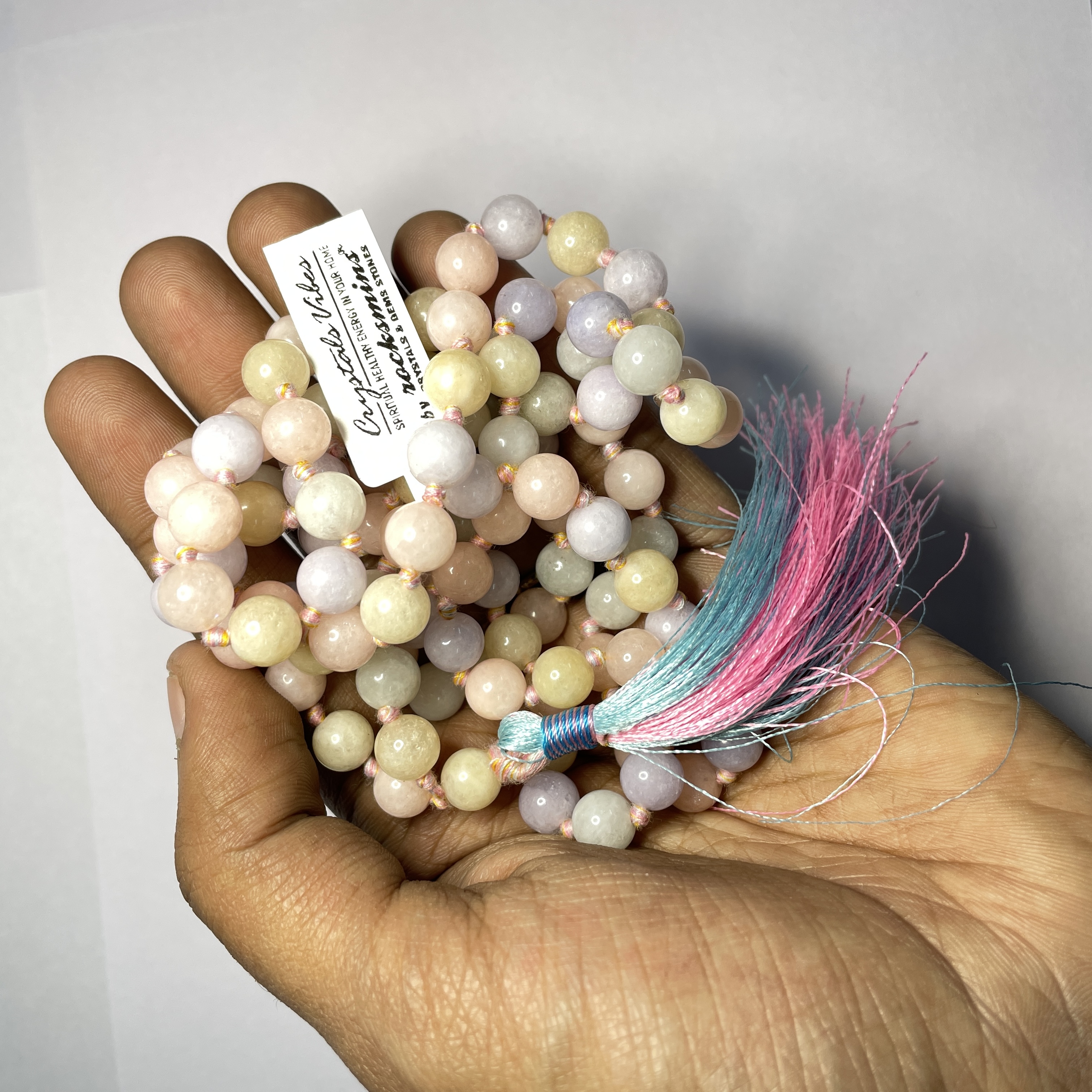 Morganite Pink White Crystal Jaap Mala - 108+1 Beads 8 mm Beads for Pooja, Astrology for Wearing in Neck/Holding for Men Women Boys Girls