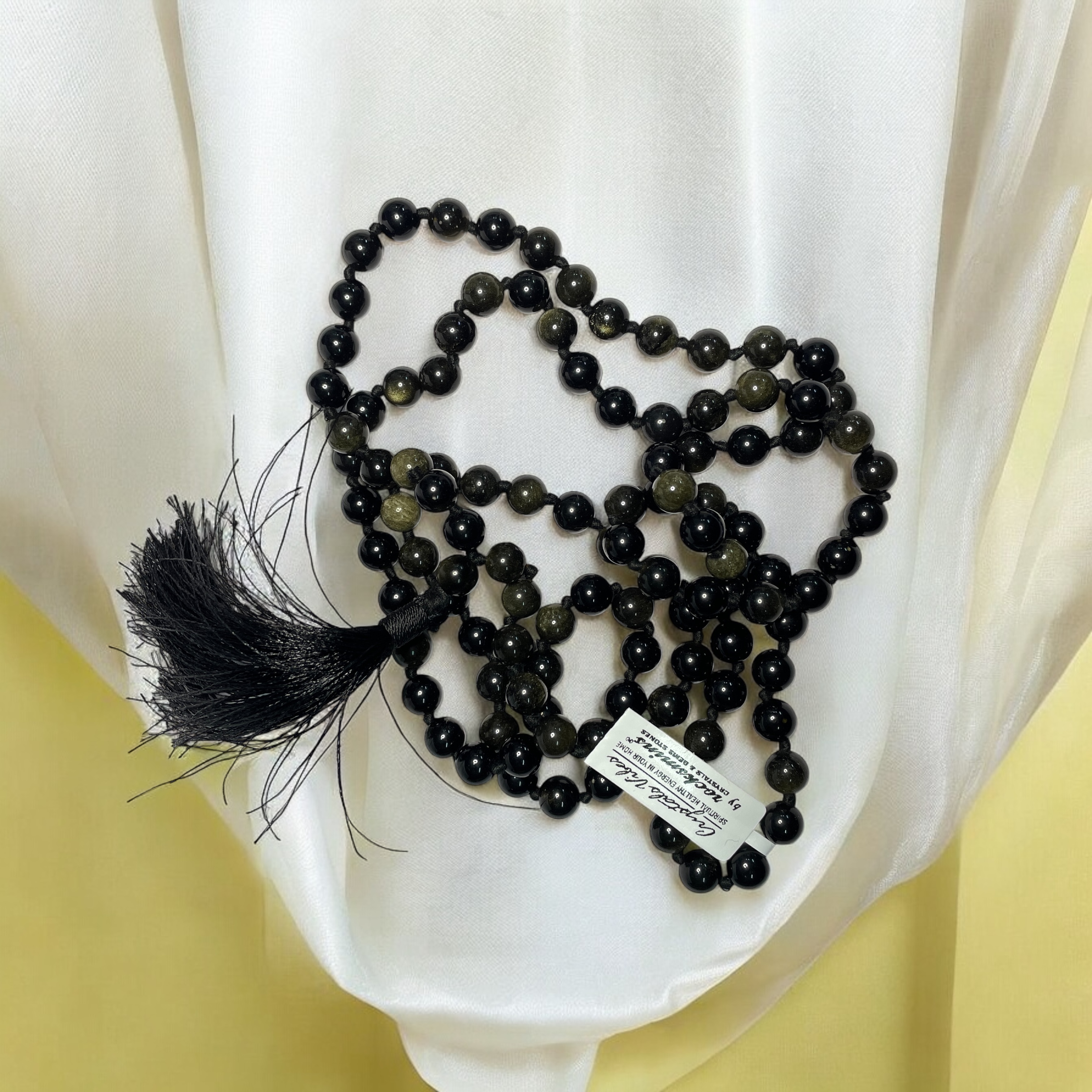 Obsidian Golden Crystal Jaap Mala - 108+1 Beads 8 mm Beads for Pooja, Astrology for Wearing in Neck/Holding for Men Women Boys Girls