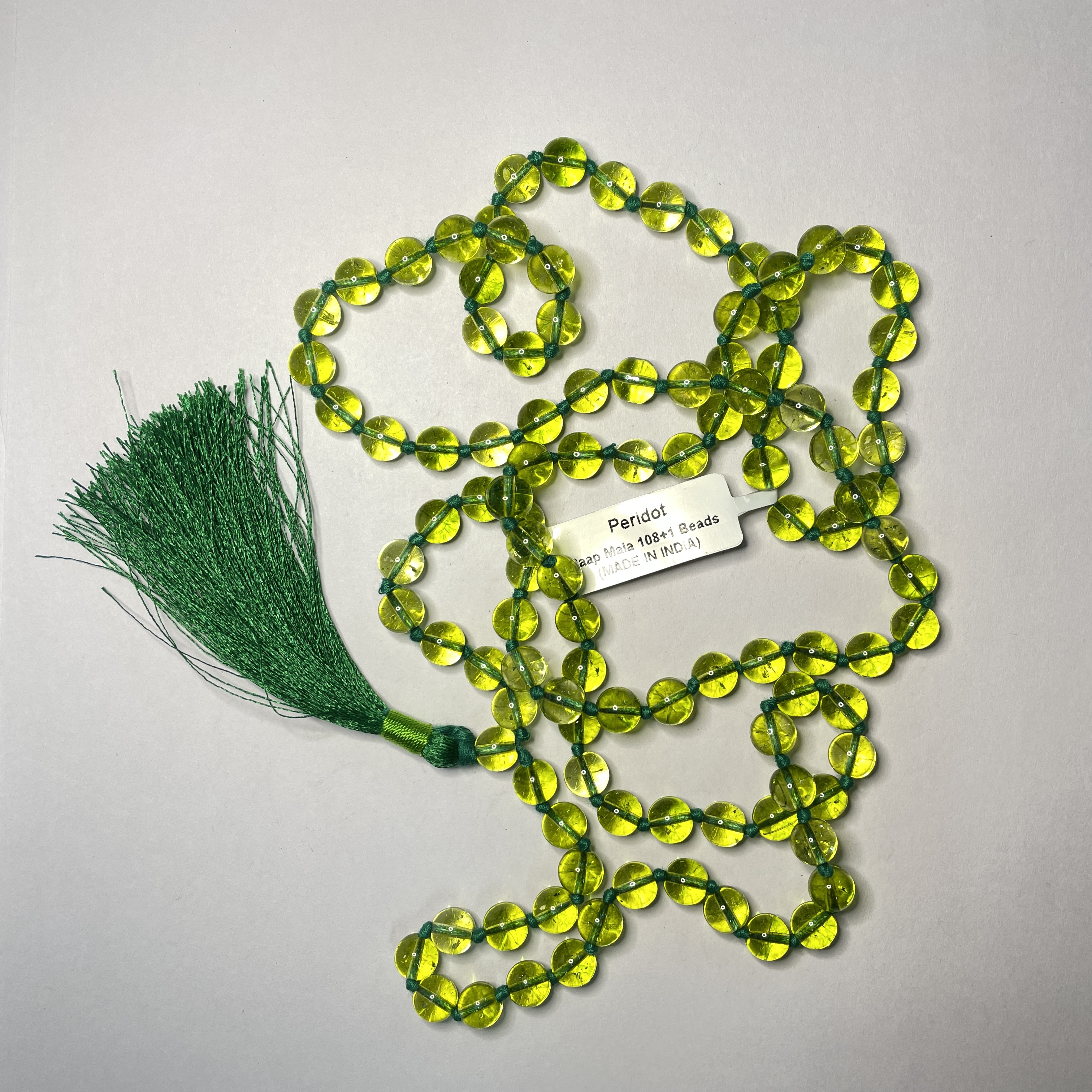 Peridot Crystal Jaap Mala - 108+1 Beads 8 mm Beads for Pooja, Astrology for Wearing in Neck/Holding for Men Women Boys Girls