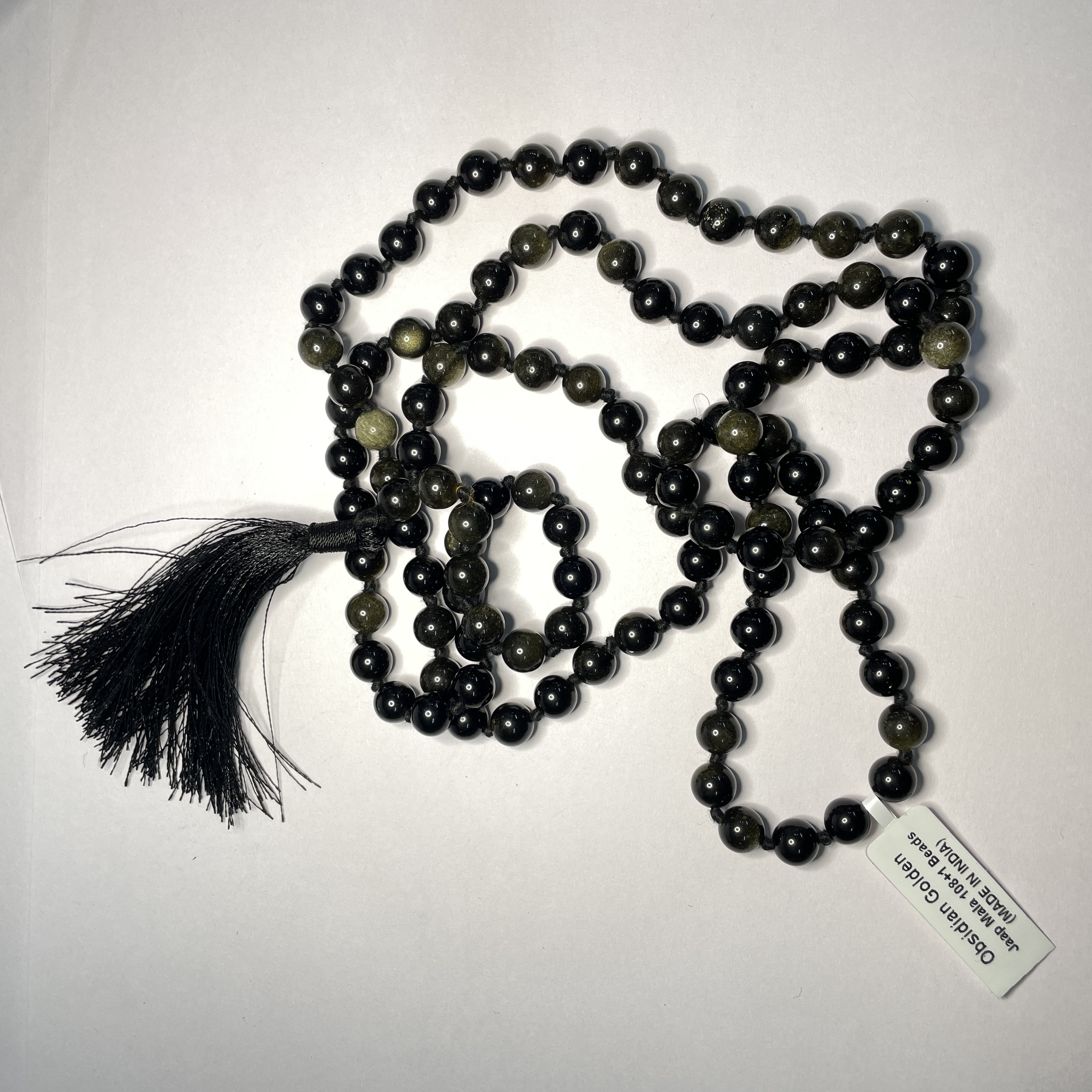 Obsidian Golden Crystal Jaap Mala - 108+1 Beads 8 mm Beads for Pooja, Astrology for Wearing in Neck/Holding for Men Women Boys Girls