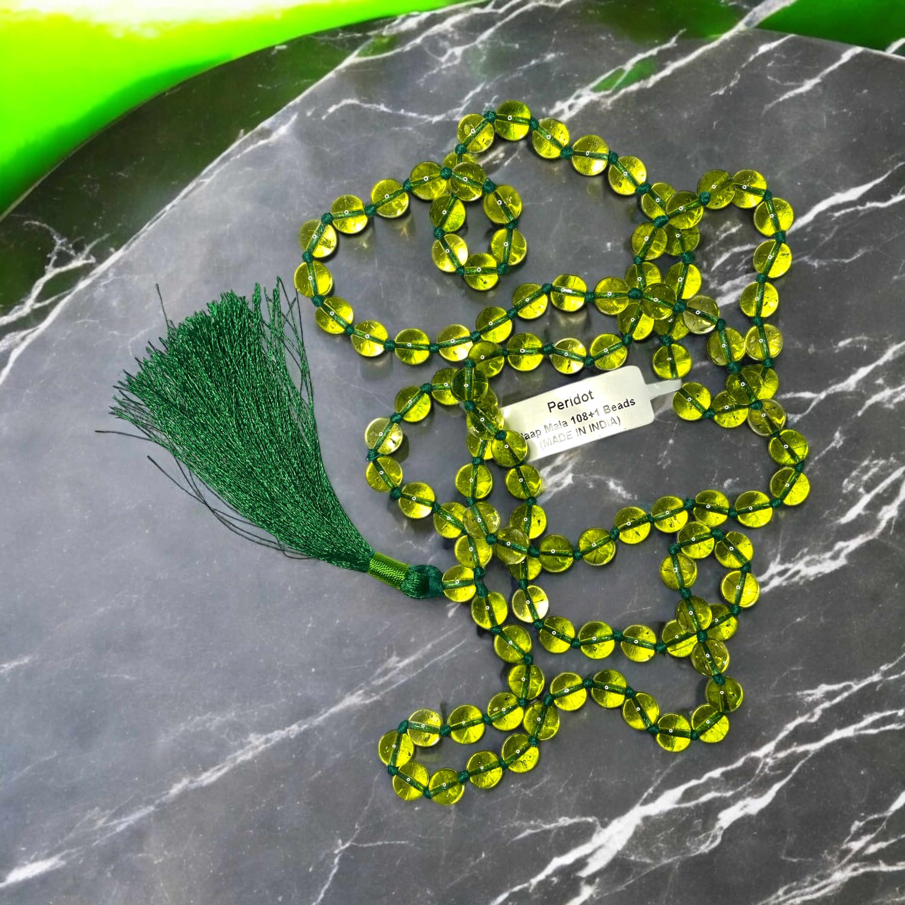 Peridot Crystal Jaap Mala - 108+1 Beads 8 mm Beads for Pooja, Astrology for Wearing in Neck/Holding for Men Women Boys Girls
