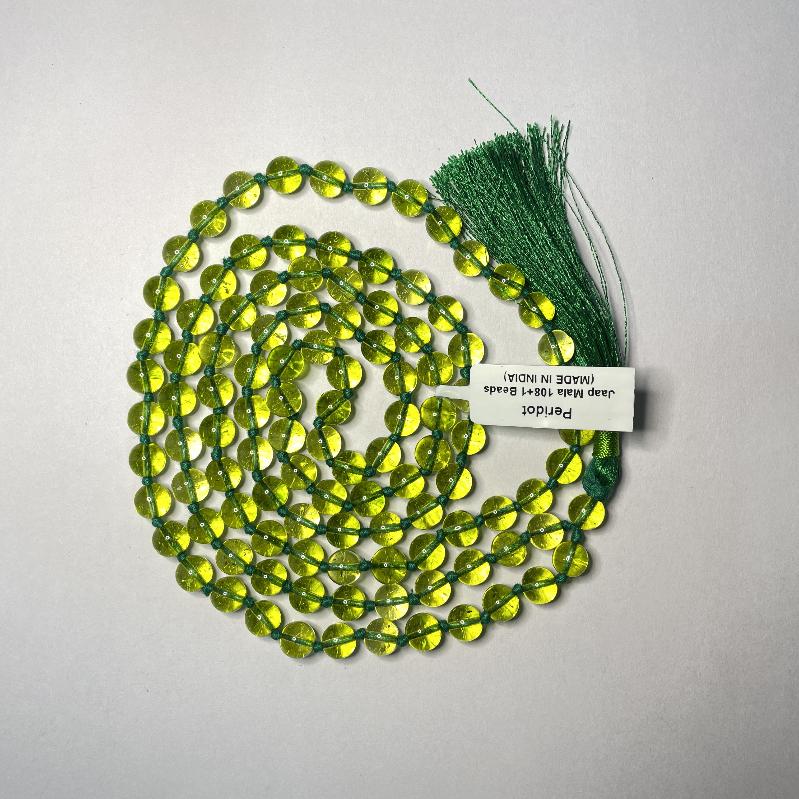 Peridot Crystal Jaap Mala - 108+1 Beads 8 mm Beads for Pooja, Astrology for Wearing in Neck/Holding for Men Women Boys Girls