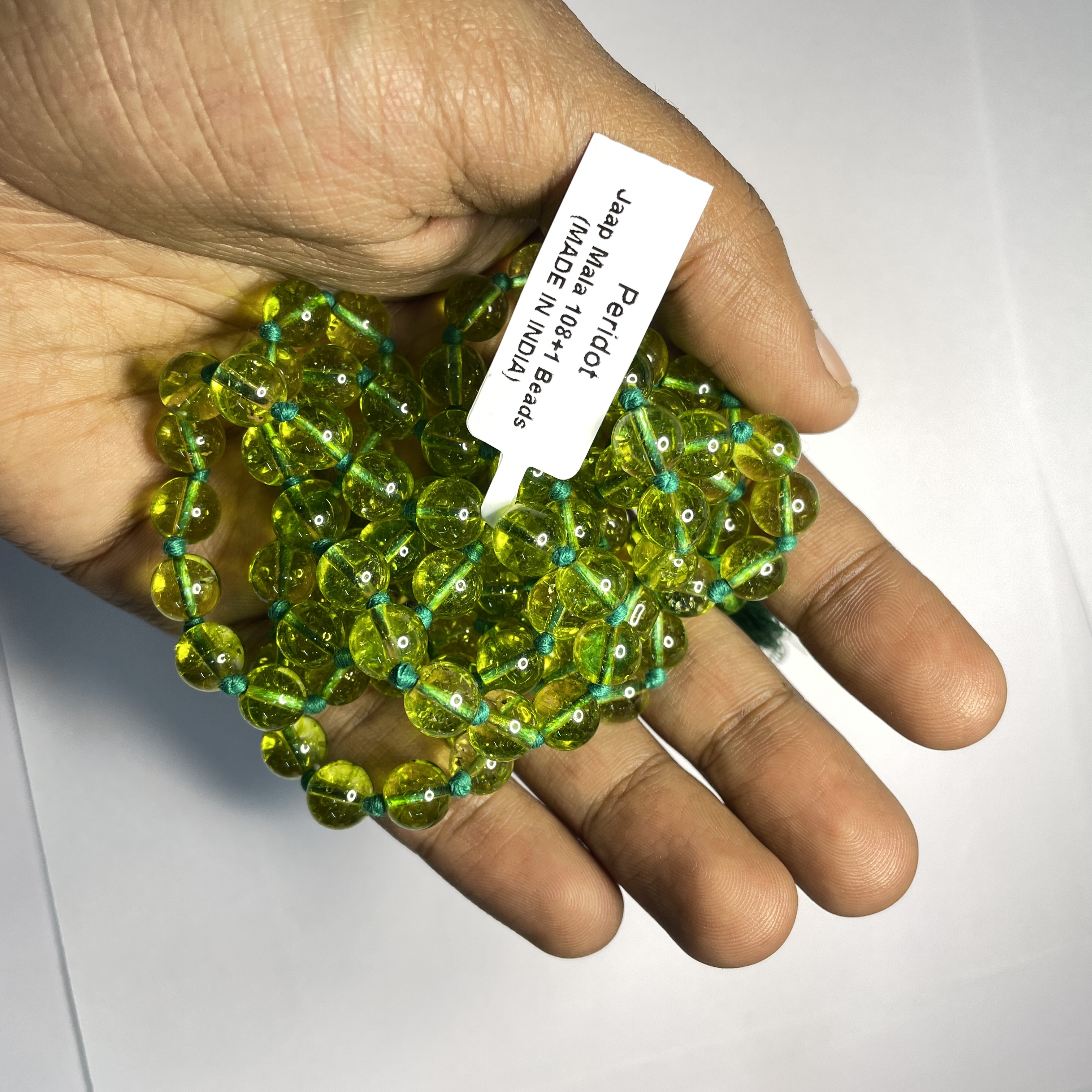 Peridot Crystal Jaap Mala - 108+1 Beads 8 mm Beads for Pooja, Astrology for Wearing in Neck/Holding for Men Women Boys Girls