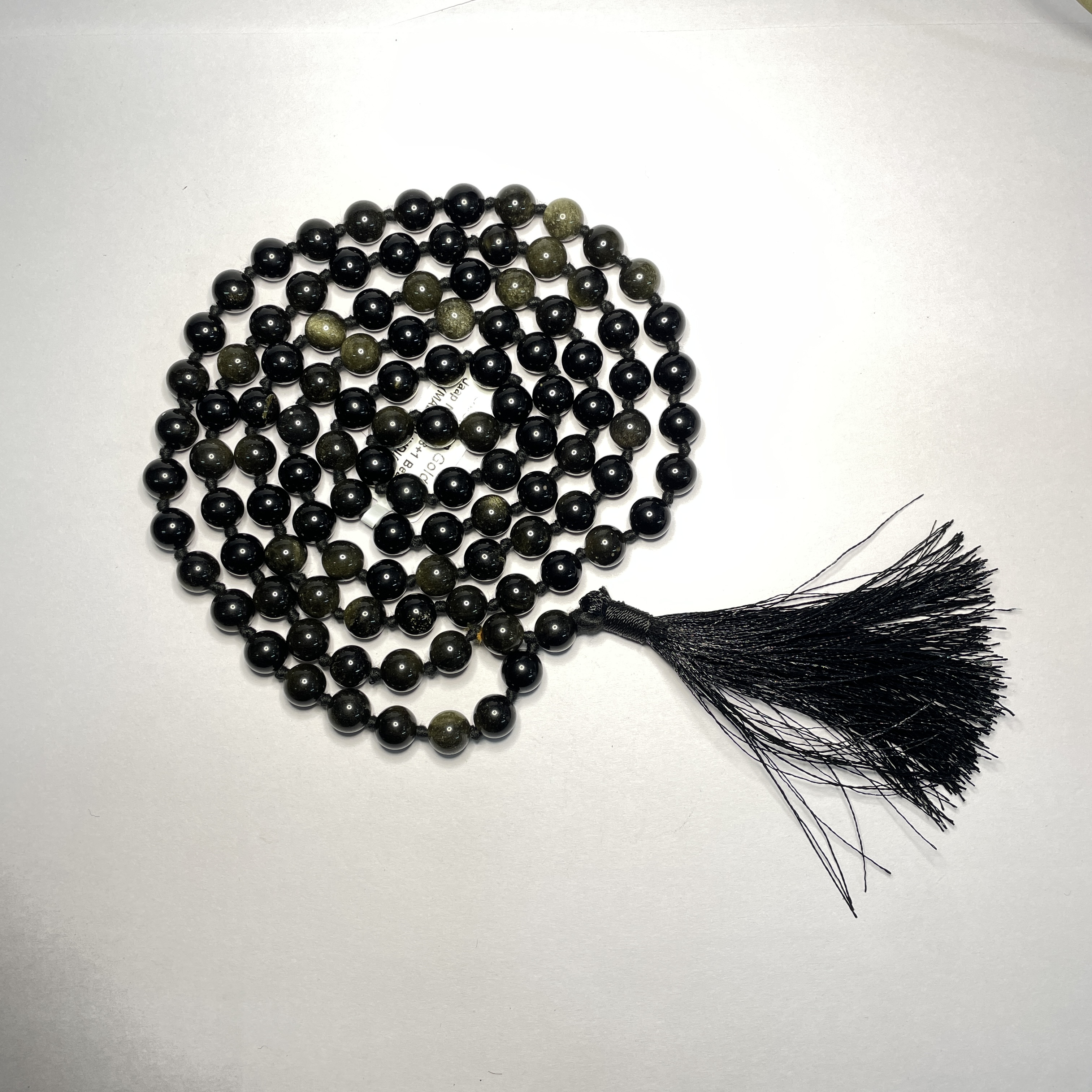 Obsidian Golden Crystal Jaap Mala - 108+1 Beads 8 mm Beads for Pooja, Astrology for Wearing in Neck/Holding for Men Women Boys Girls