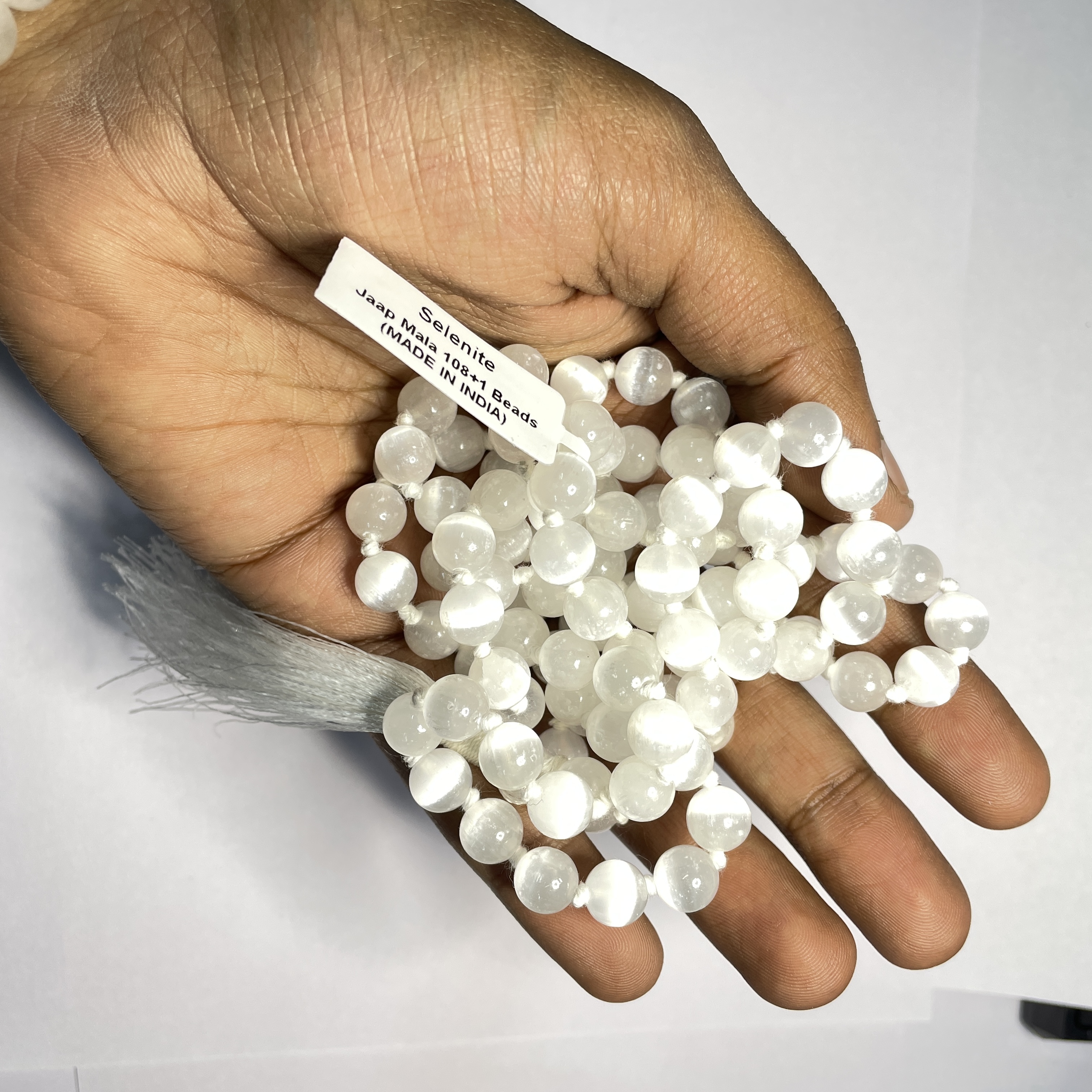 Selenite Jaap Mala - 108+1 Beads 8 mm Beads for Pooja, Astrology for Wearing in Neck/Holding for Men Women Boys Girls