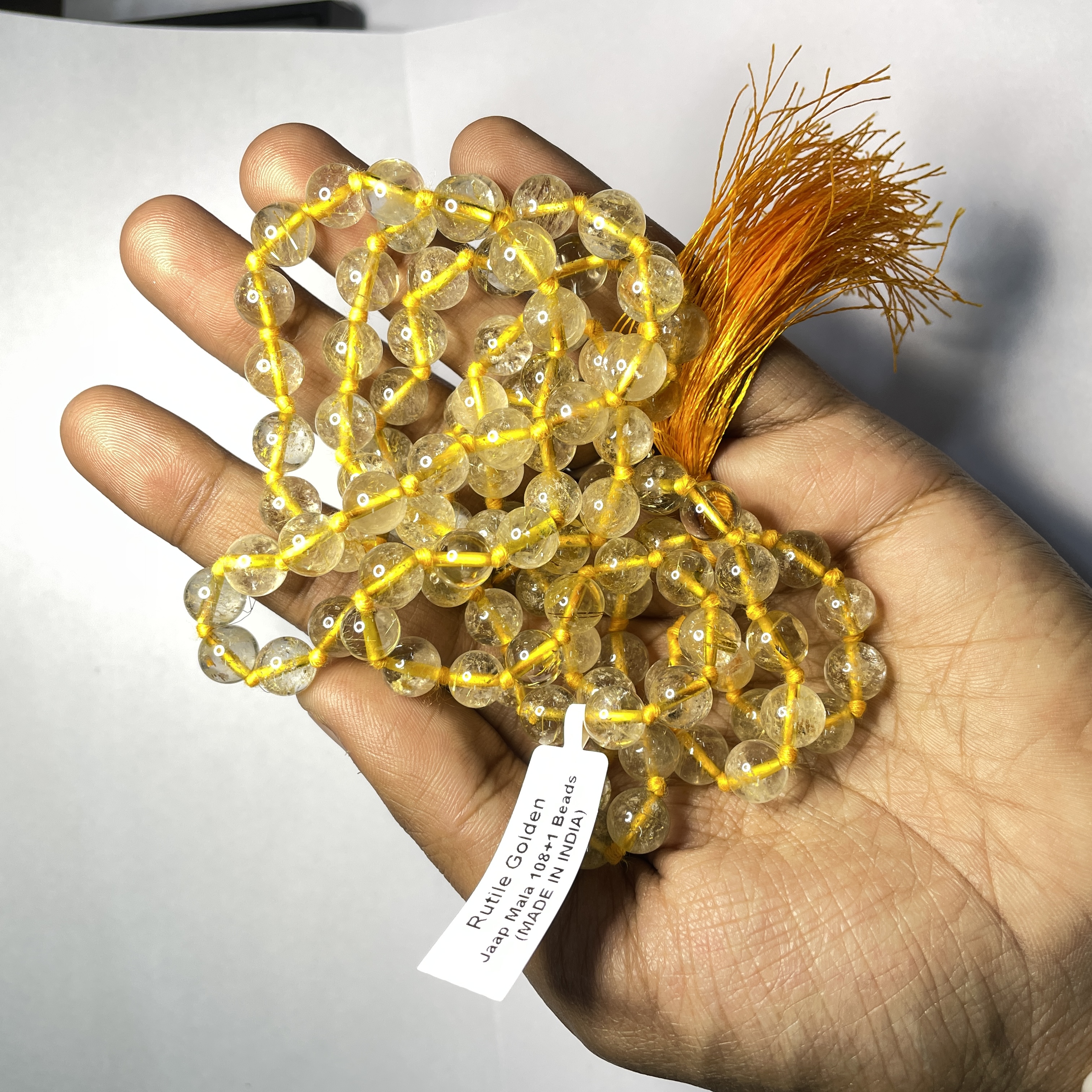 Rutile Golden Jaap Mala - 108+1 Beads 8 mm Beads for Pooja, Astrology for Wearing in Neck/Holding for Men Women Boys Girls