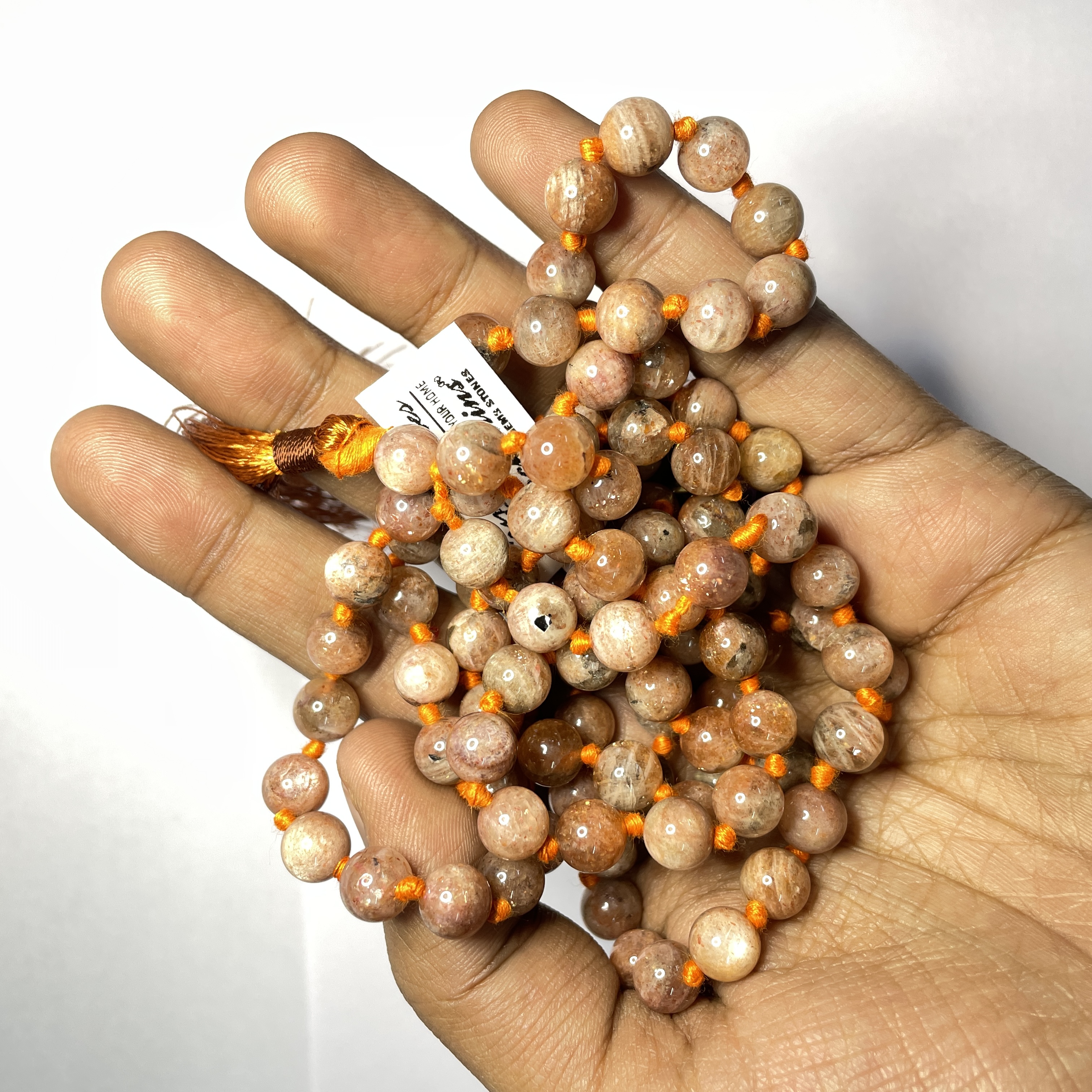 Rocksmins Sunstone AA Crystal Jaap Mala - 108+1 Beads 8 mm Beads for Pooja, Astrology for Wearing in Neck/Holding for Men Women Boys Girls