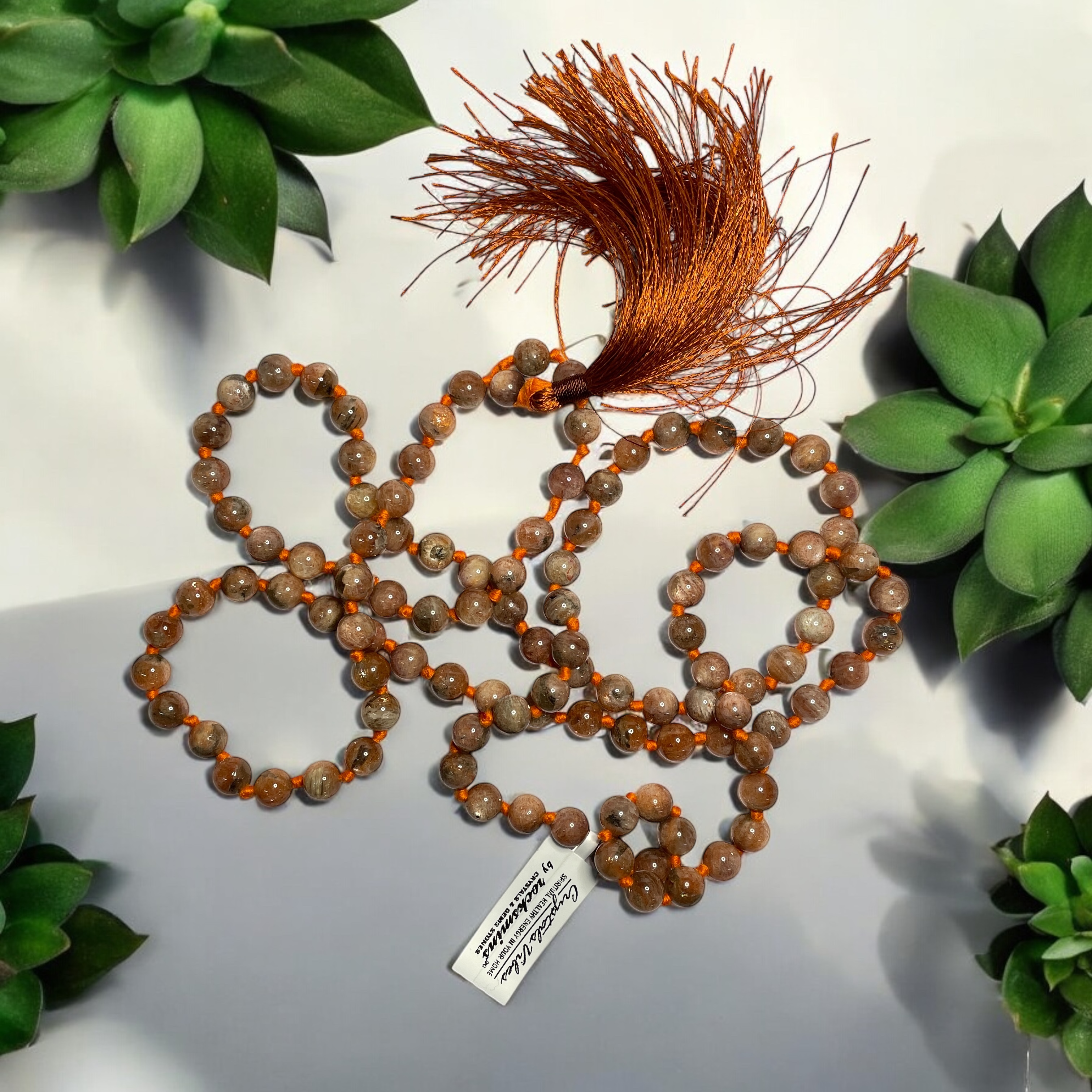 Rocksmins Sunstone AA Crystal Jaap Mala - 108+1 Beads 8 mm Beads for Pooja, Astrology for Wearing in Neck/Holding for Men Women Boys Girls