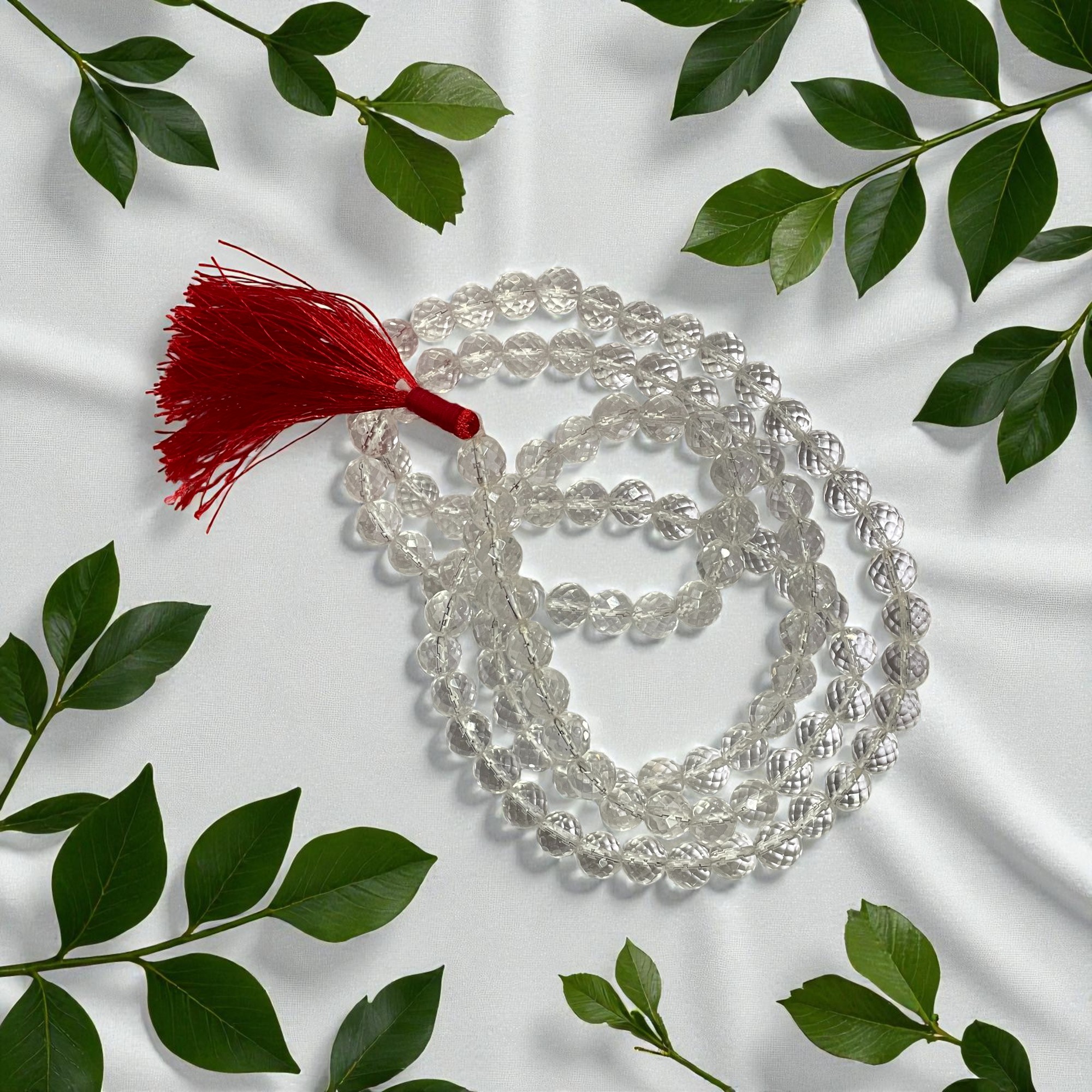 Quartz Clear Diamond Cut Jaap Mala - 108+1 Beads 8 mm Beads for Pooja, Astrology for Wearing in Neck/Holding for Men Women Boys Girls