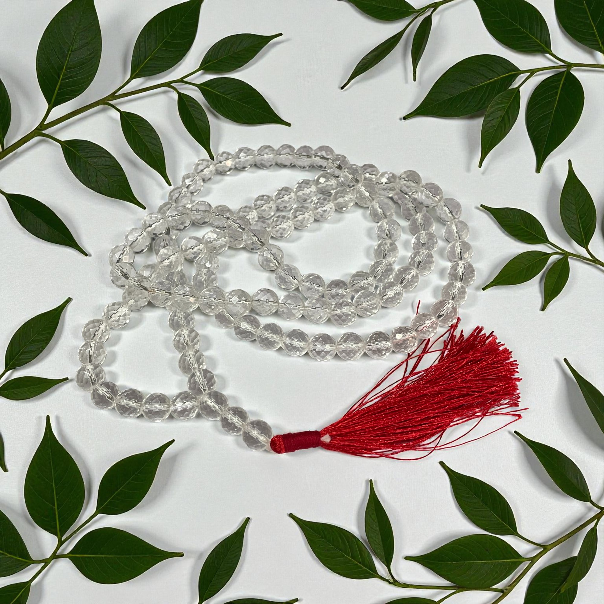 Quartz Clear Diamond Cut Jaap Mala - 108+1 Beads 8 mm Beads for Pooja, Astrology for Wearing in Neck/Holding for Men Women Boys Girls