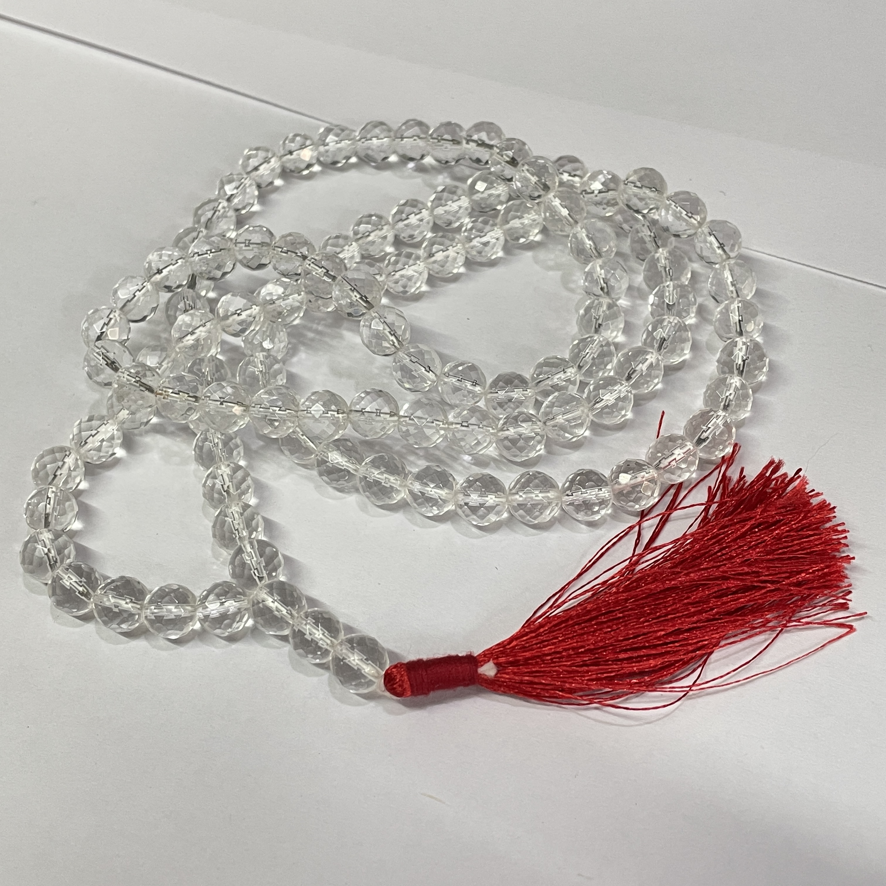 Quartz Clear Diamond Cut Jaap Mala - 108+1 Beads 8 mm Beads for Pooja, Astrology for Wearing in Neck/Holding for Men Women Boys Girls