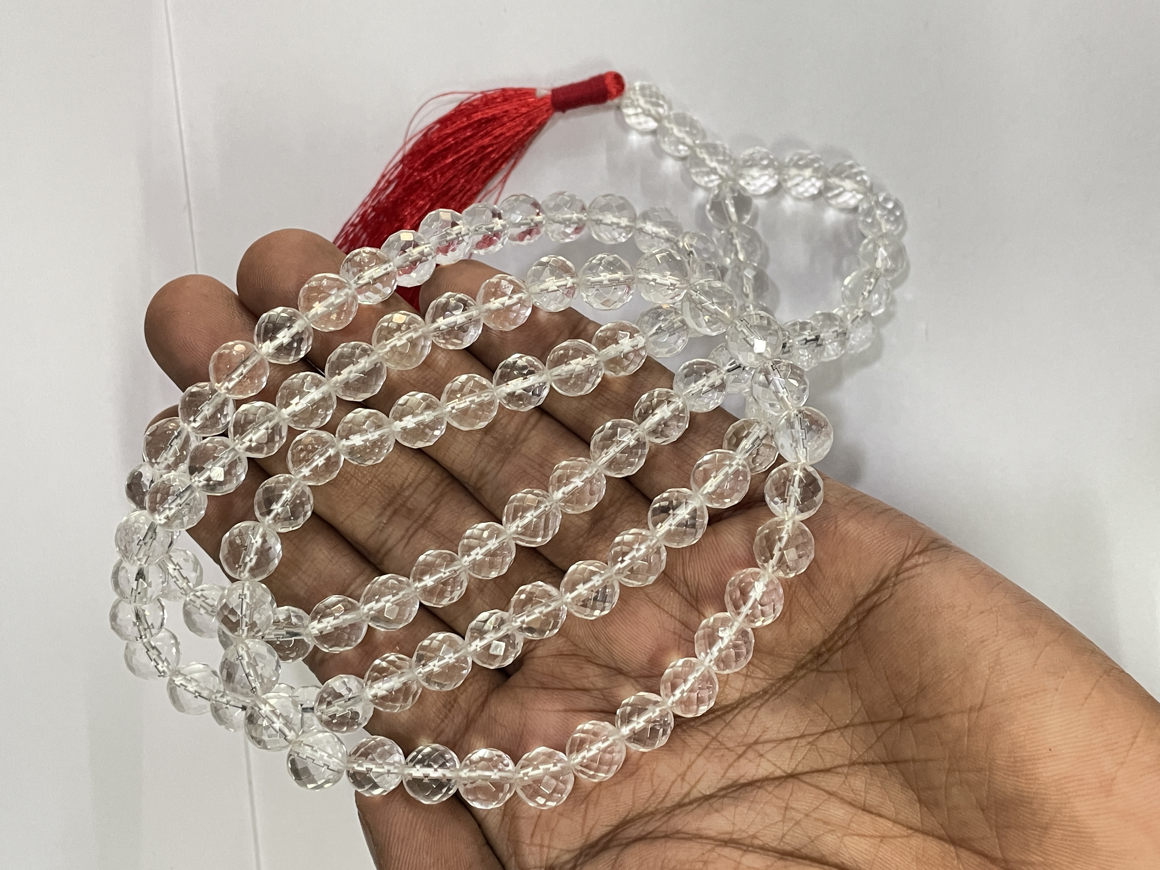 Quartz Clear Diamond Cut Jaap Mala - 108+1 Beads 8 mm Beads for Pooja, Astrology for Wearing in Neck/Holding for Men Women Boys Girls