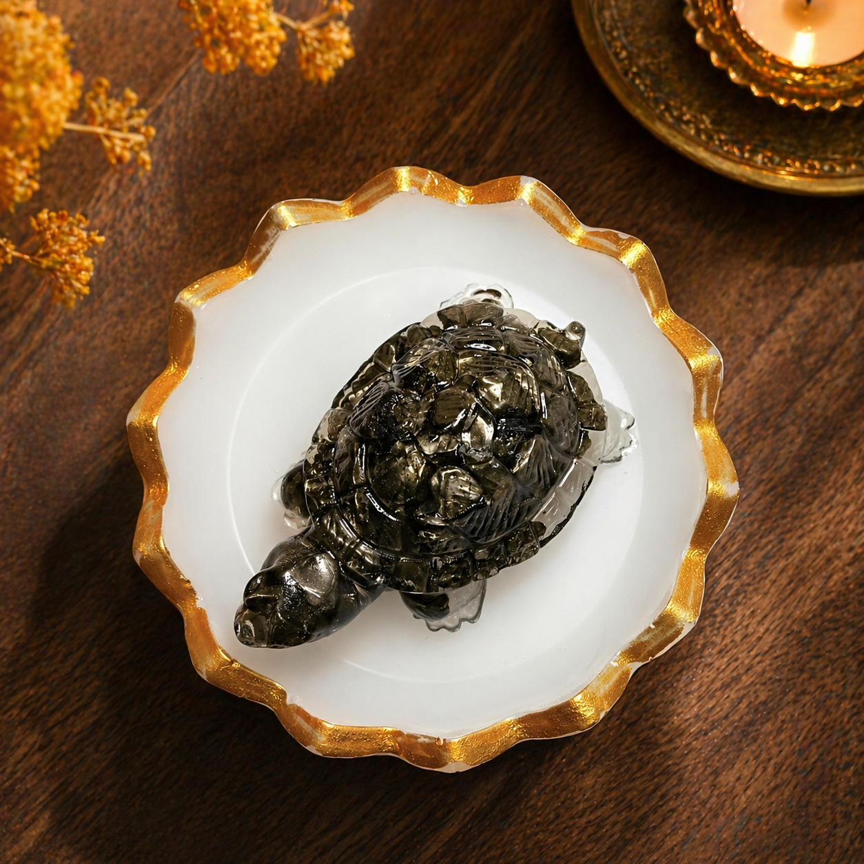 Pyrite Crystal Tortoise with Zigzag Selenite Plate -  Discover the Power of Natural Crystals with Rocksmins. Authentic Energies for Enhanced Well-Being and Spiritual Growth