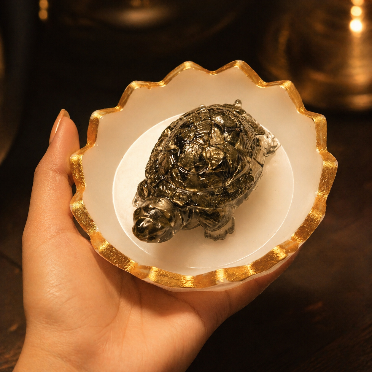 Pyrite Crystal Tortoise with Zigzag Selenite Plate -  Discover the Power of Natural Crystals with Rocksmins. Authentic Energies for Enhanced Well-Being and Spiritual Growth