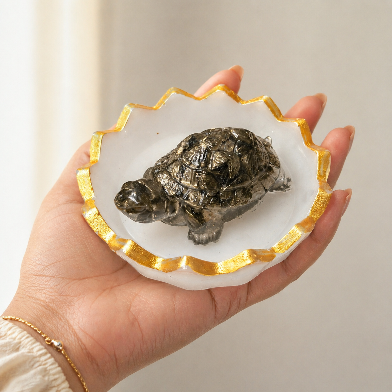 Pyrite Crystal Tortoise with Zigzag Selenite Plate -  Discover the Power of Natural Crystals with Rocksmins. Authentic Energies for Enhanced Well-Being and Spiritual Growth