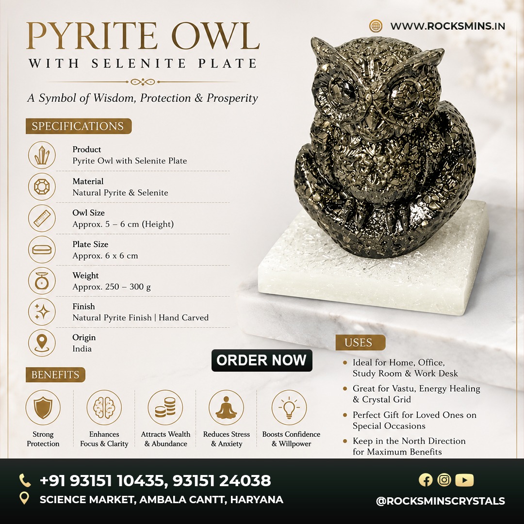 Pyrite Owl 450–500g with Selenite Plate – Original Natural Crystal for Prosperity & Energy Cleansing