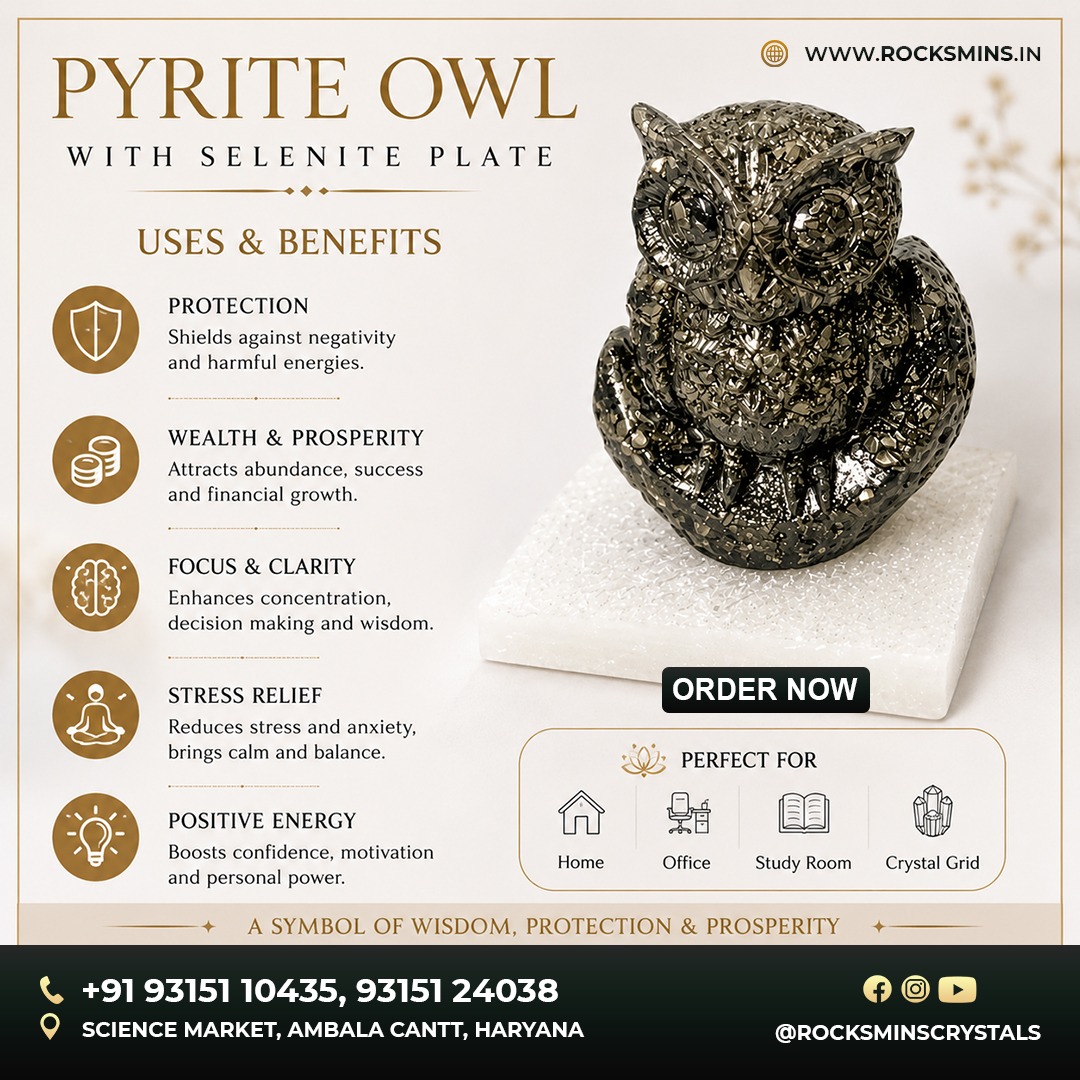 Pyrite Owl 450–500g with Selenite Plate – Original Natural Crystal for Prosperity & Energy Cleansing