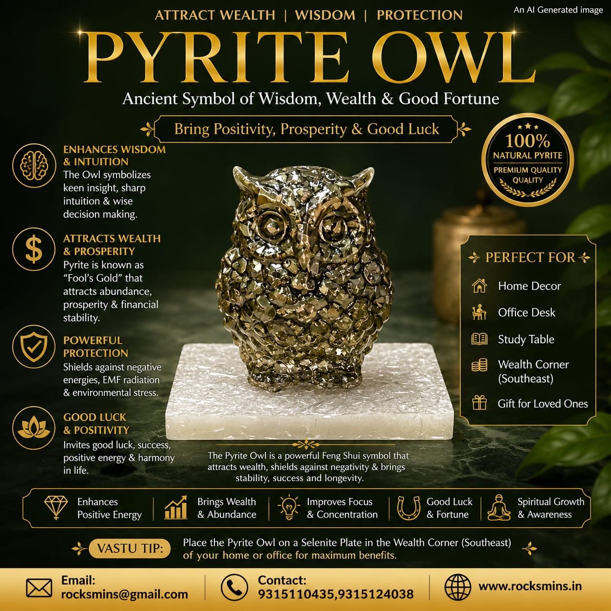 pyrite-owl--small-125150gm-with-selenite-plate--original-natural-crystal-for-prosperity--energy-cleansing